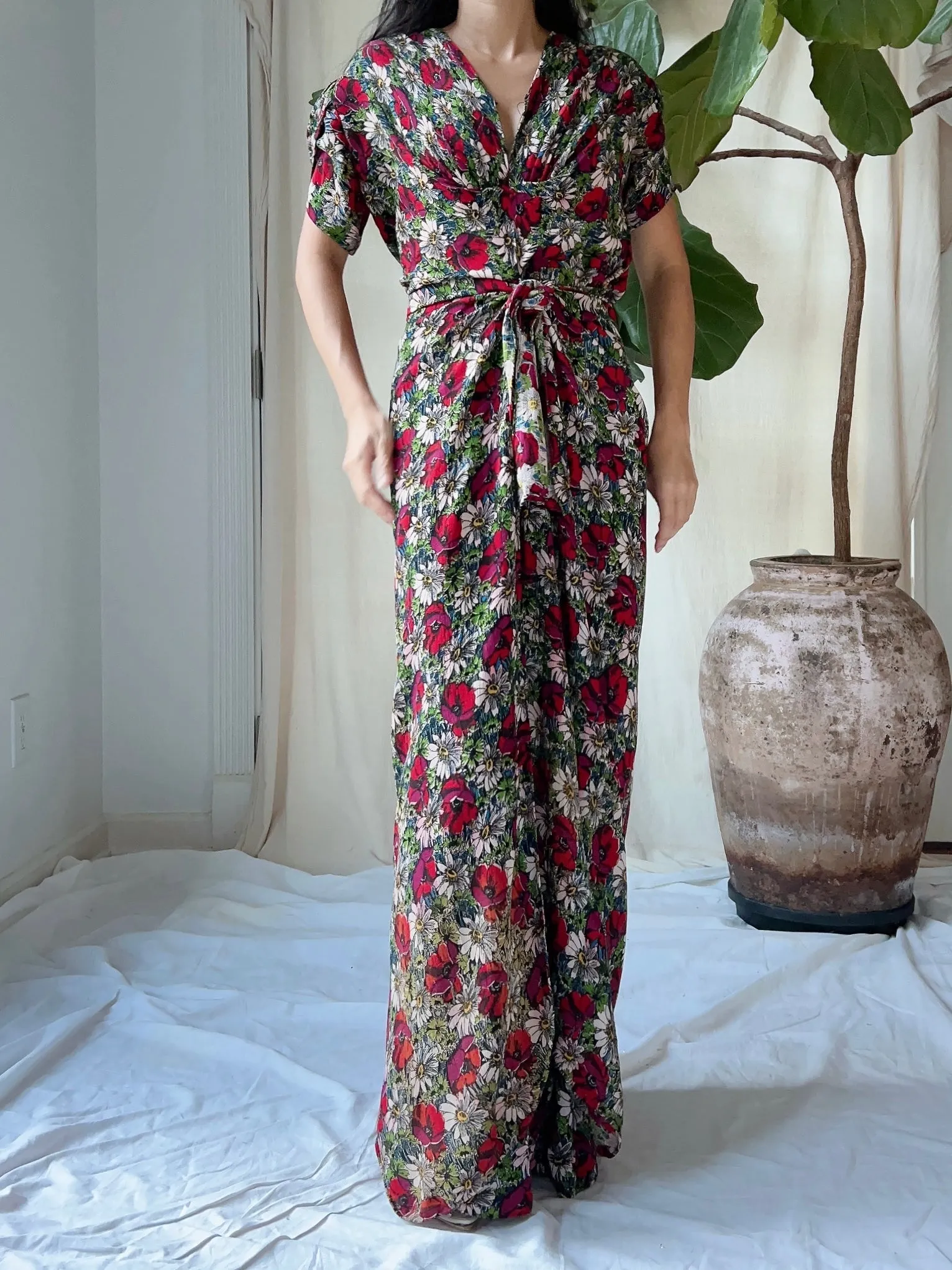 1930s Rayon Floral Dress - M