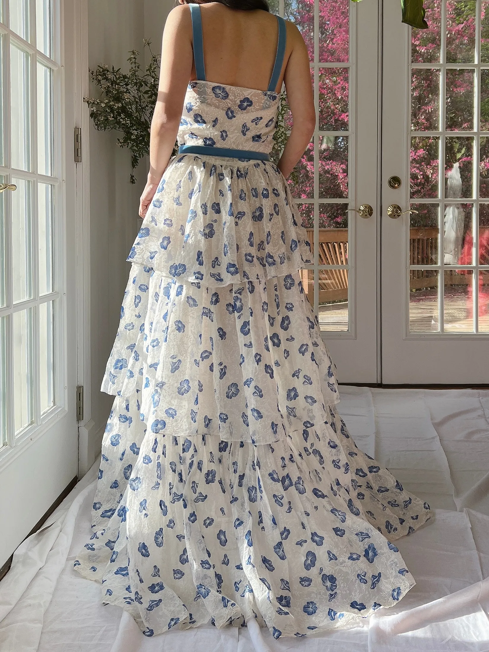 1940/50s Morning Glory Organdy Voile Sheer Gown - S