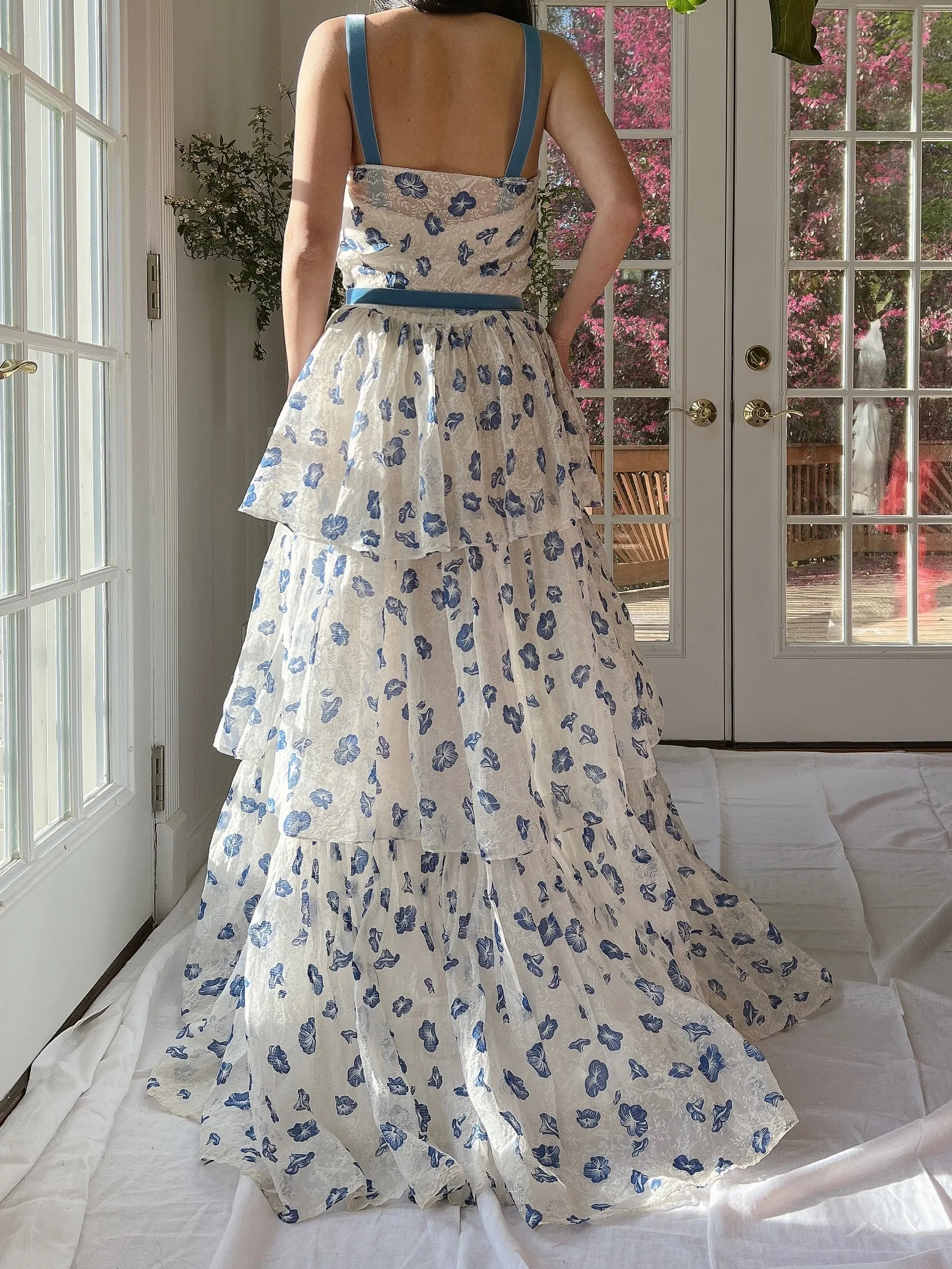 1940/50s Morning Glory Organdy Voile Sheer Gown - S