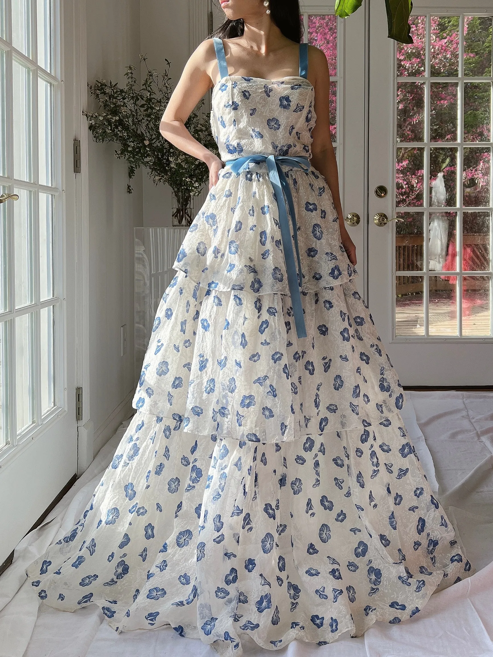 1940/50s Morning Glory Organdy Voile Sheer Gown - S