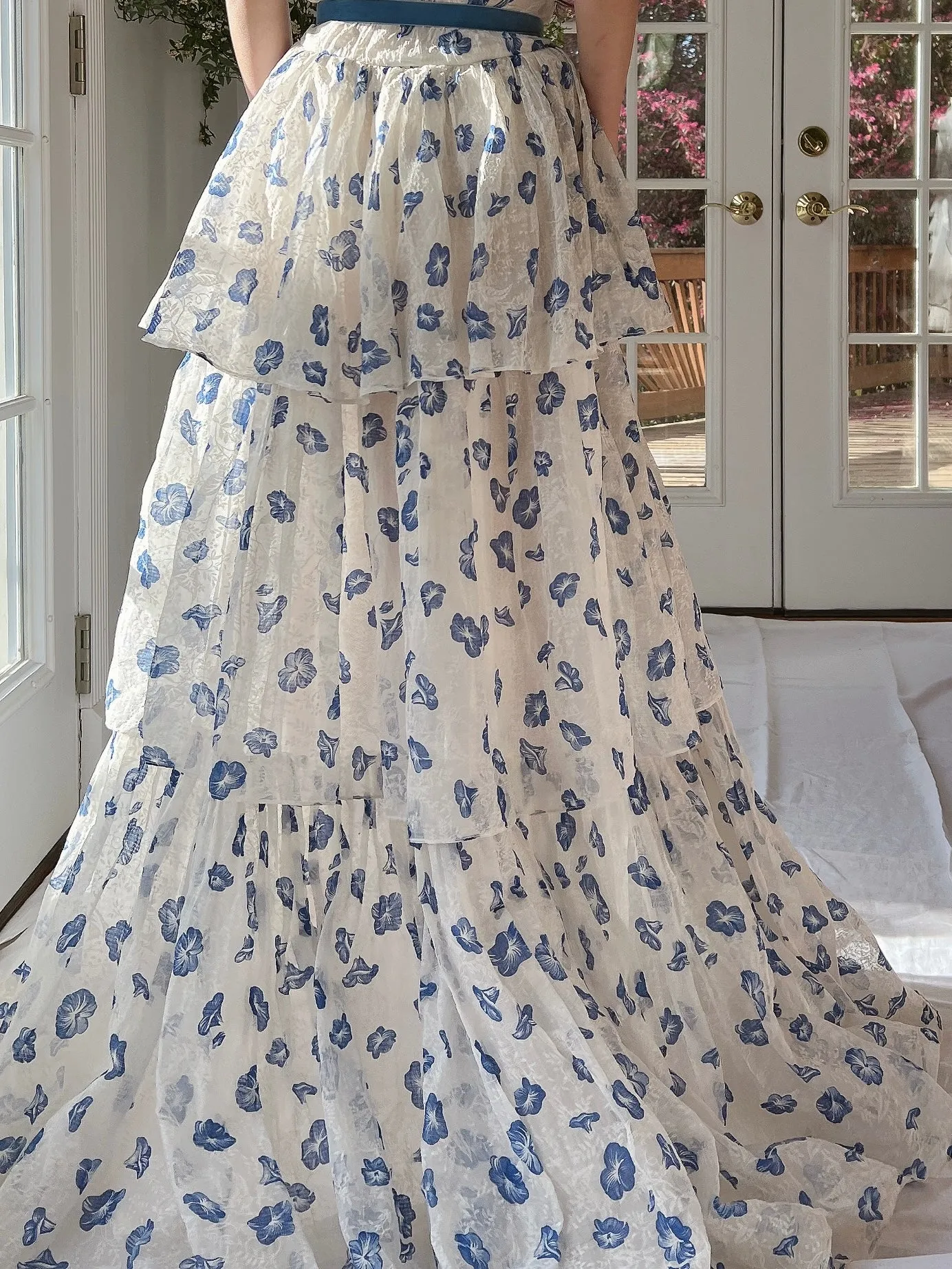 1940/50s Morning Glory Organdy Voile Sheer Gown - S