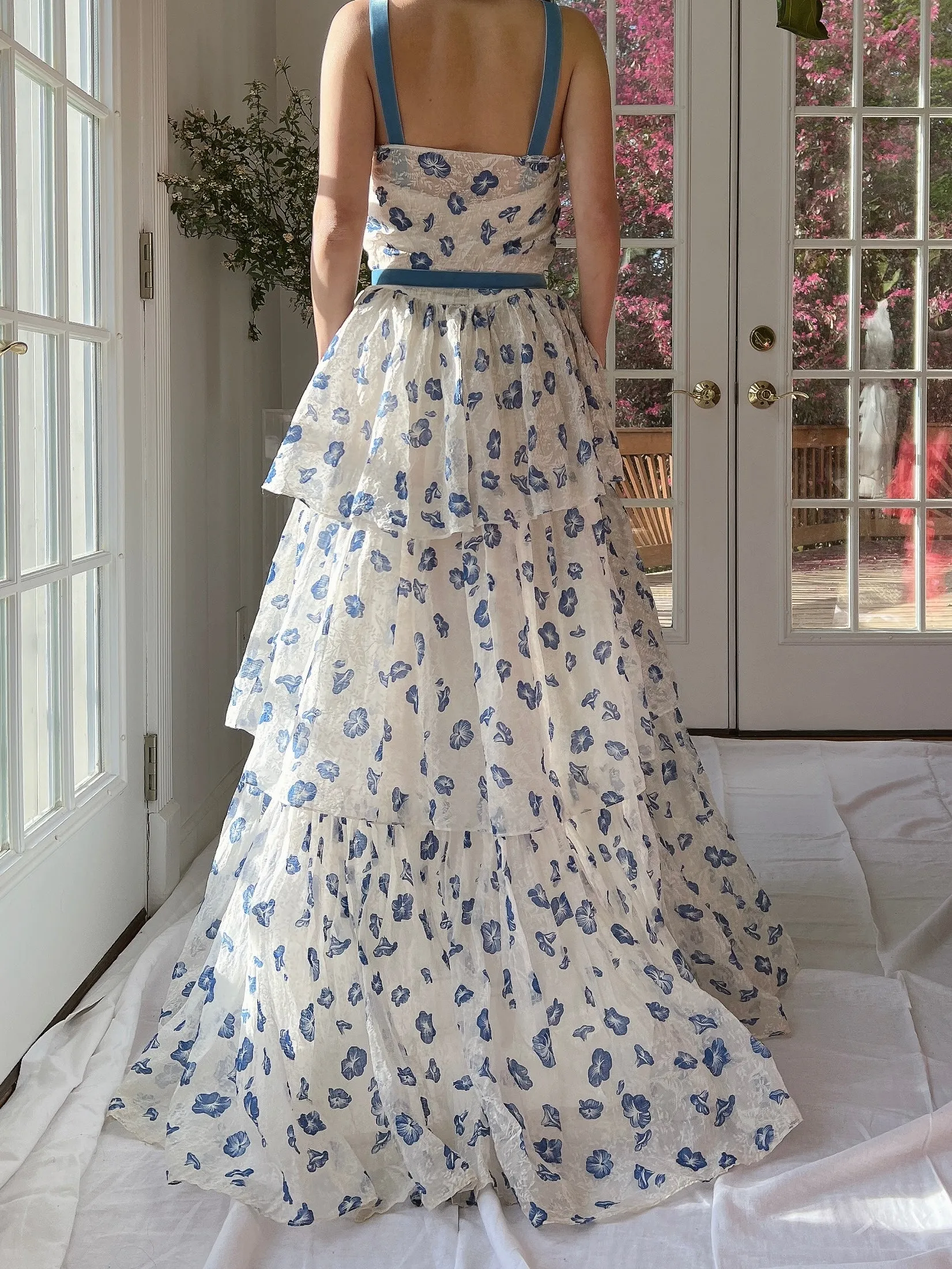 1940/50s Morning Glory Organdy Voile Sheer Gown - S