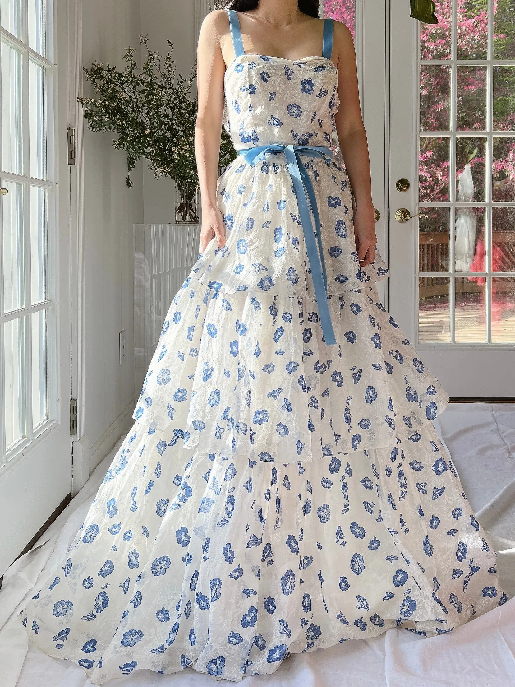 1940/50s Morning Glory Organdy Voile Sheer Gown - S