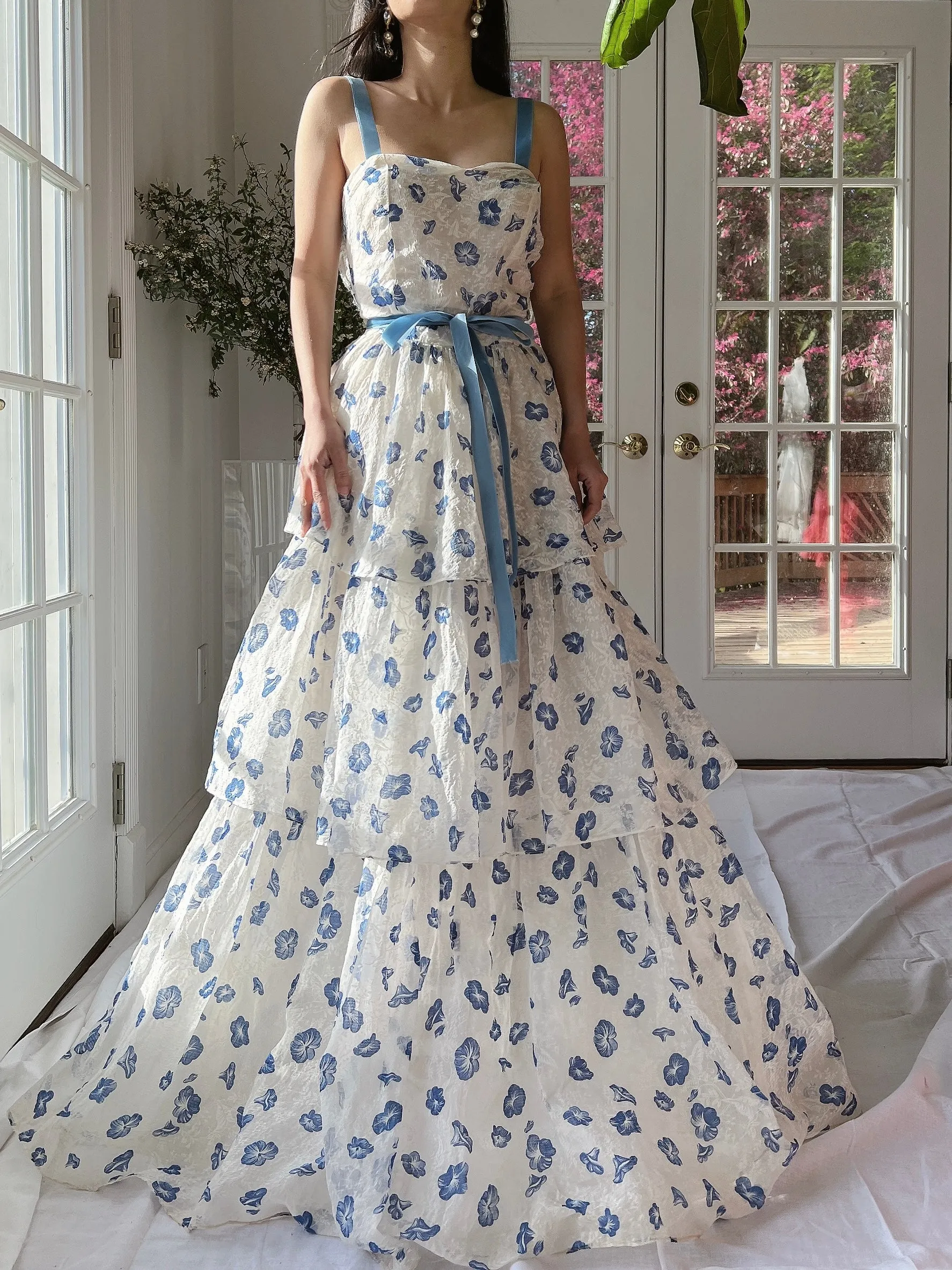 1940/50s Morning Glory Organdy Voile Sheer Gown - S