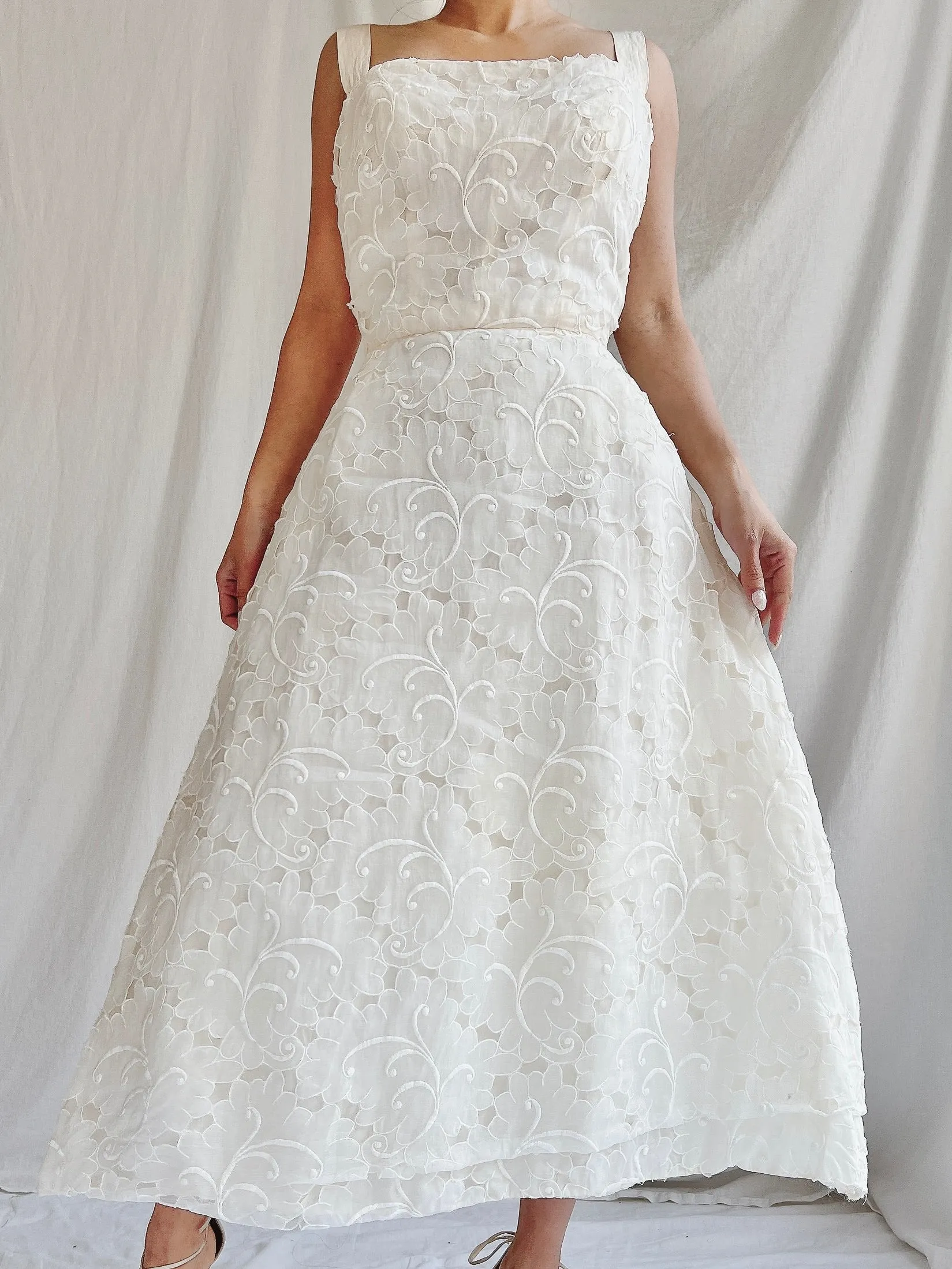 1950s I. Magnin Embroidered Silk Organza Dress - XS