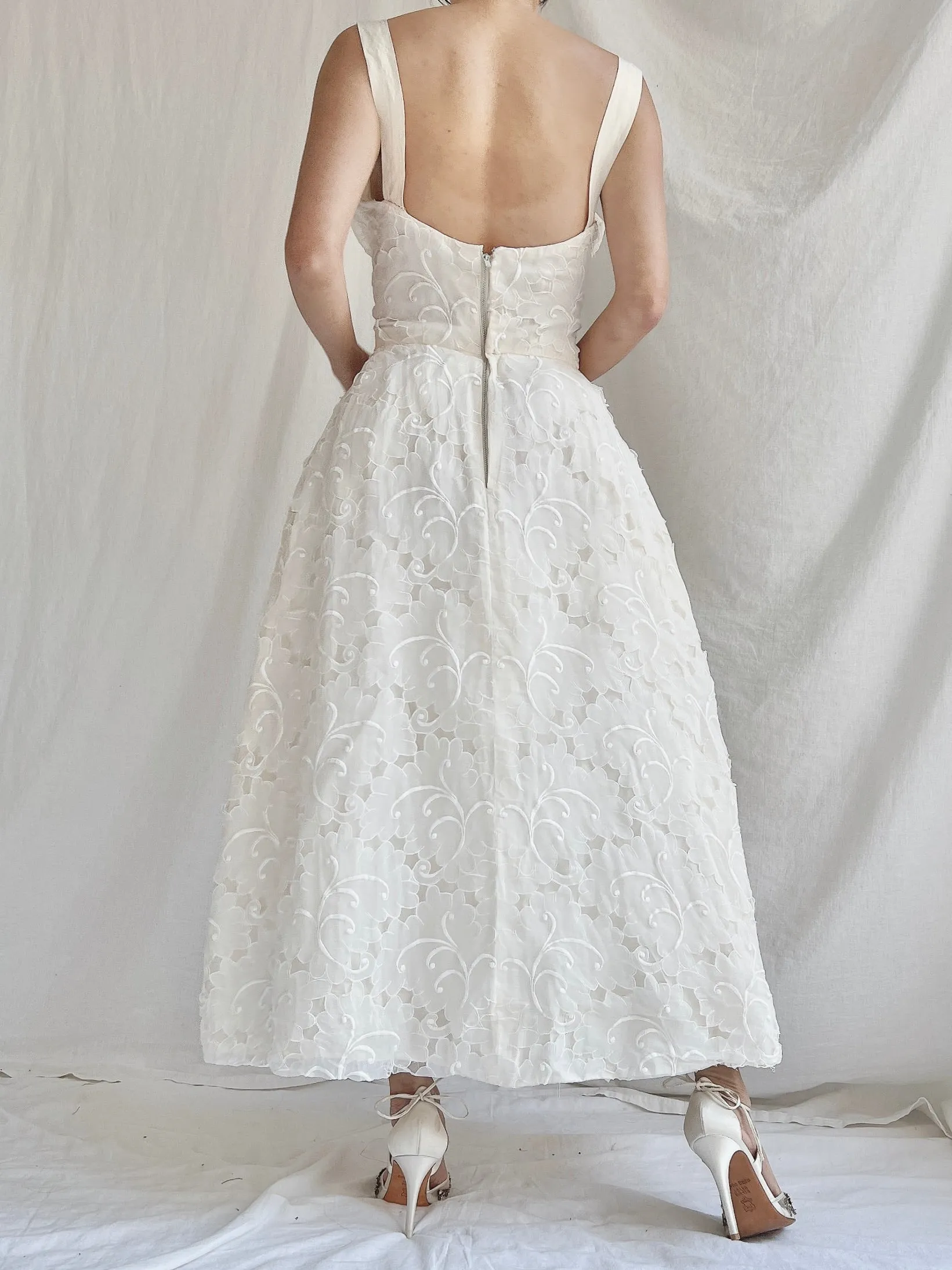 1950s I. Magnin Embroidered Silk Organza Dress - XS