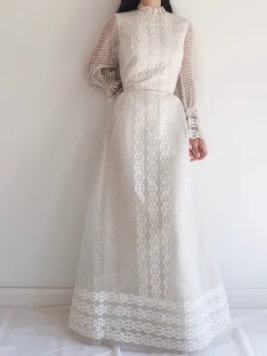1960s Puff Sleeves Dotted Gown - S