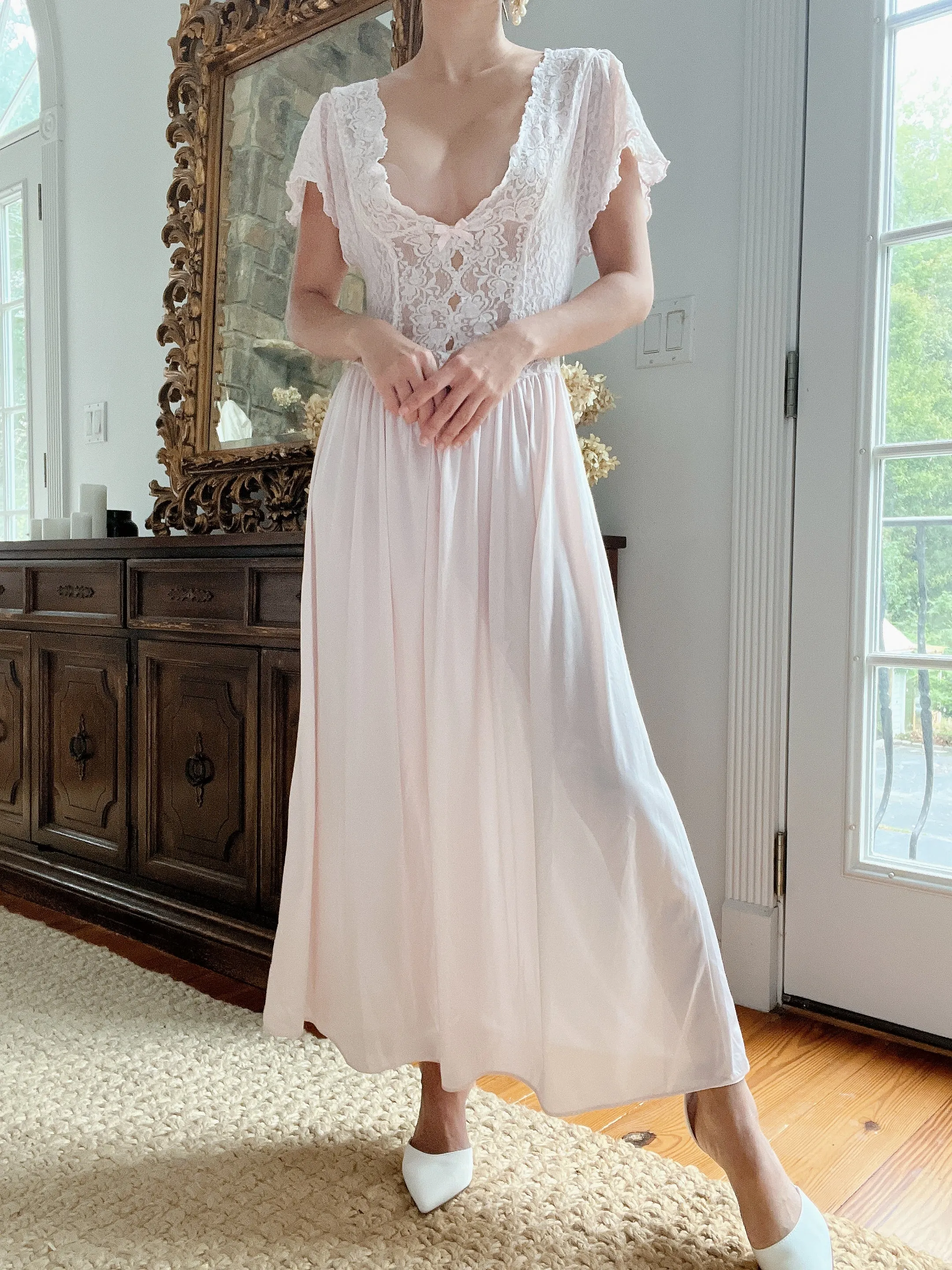 1980s Pink Basque Waist Nylon Slip - M