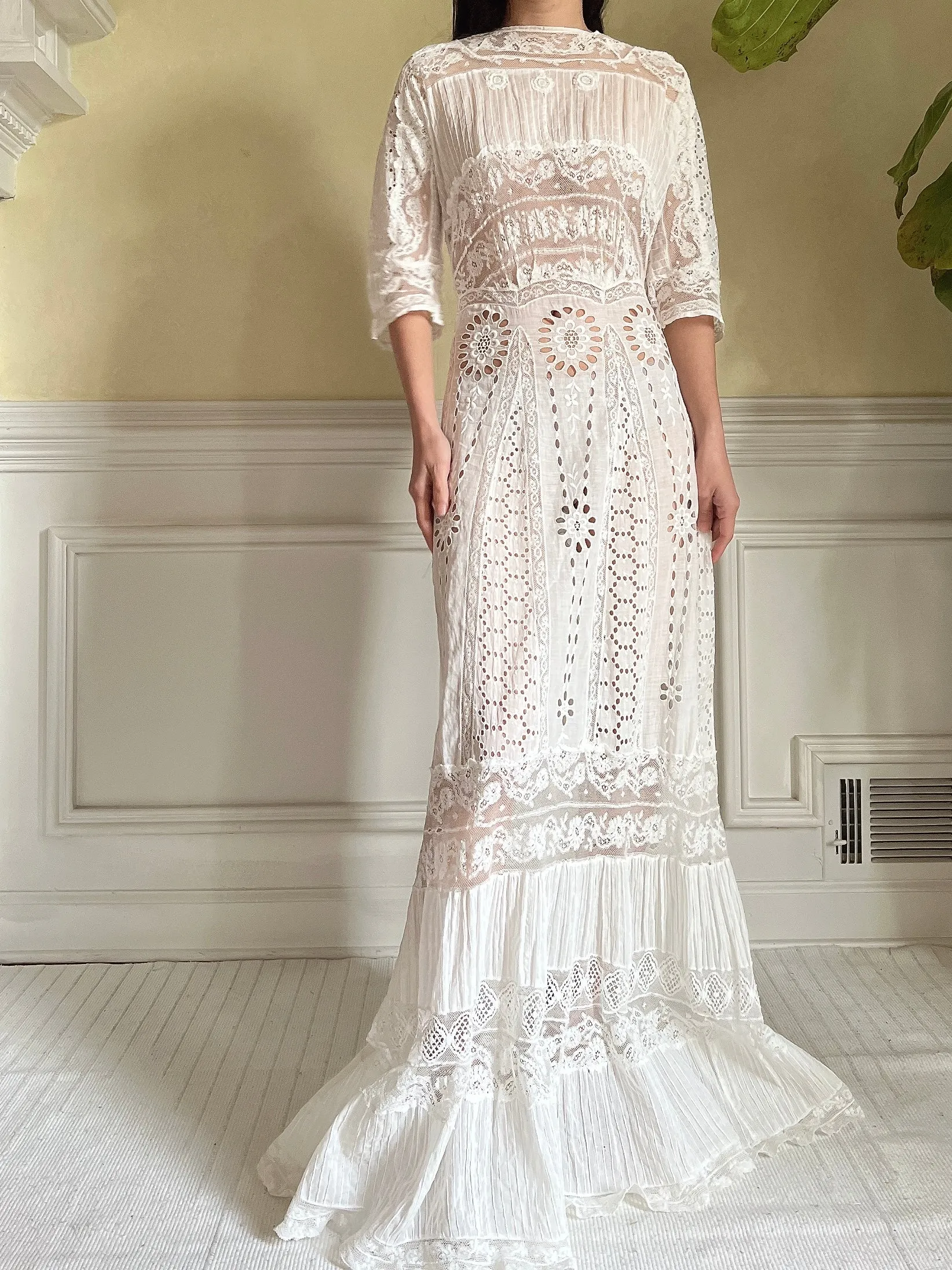 Antique Eyelet and Pin-tucked Dress - S