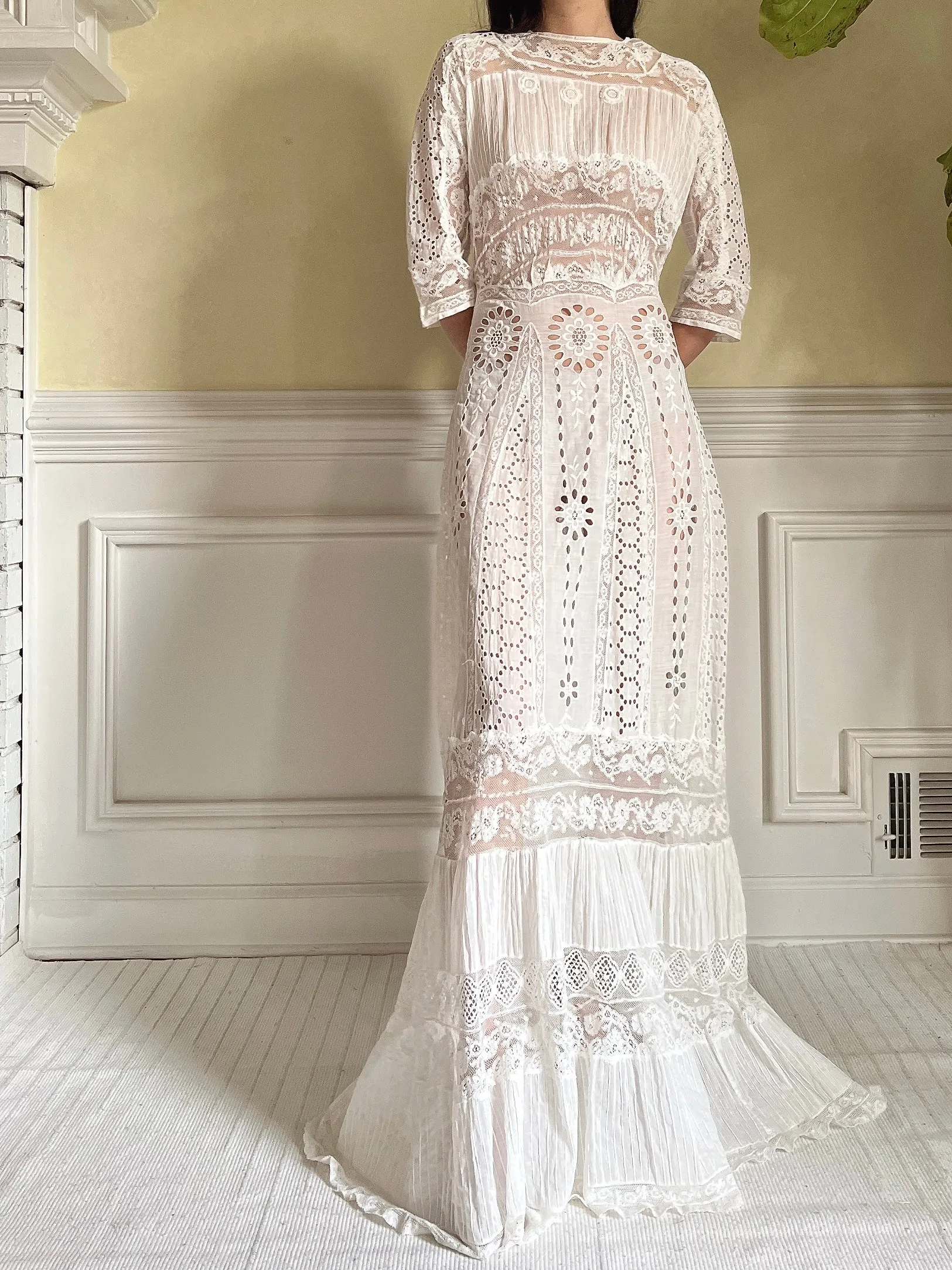 Antique Eyelet and Pin-tucked Dress - S