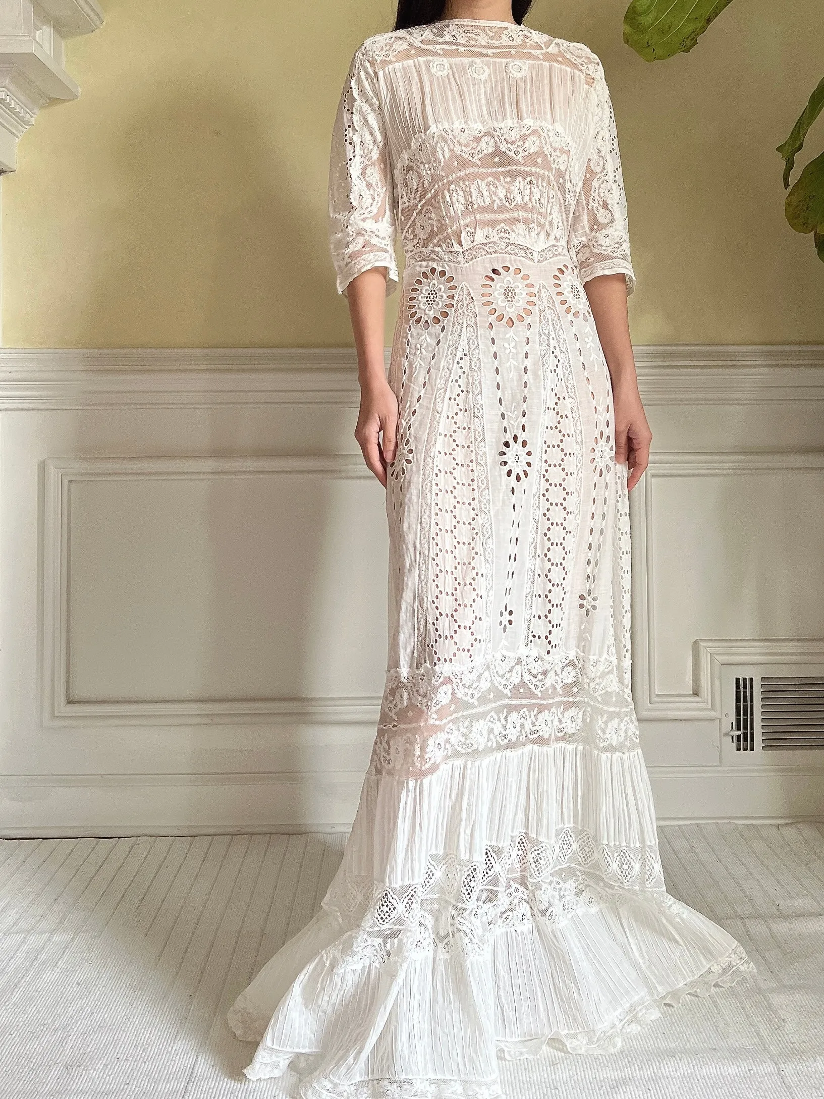 Antique Eyelet and Pin-tucked Dress - S