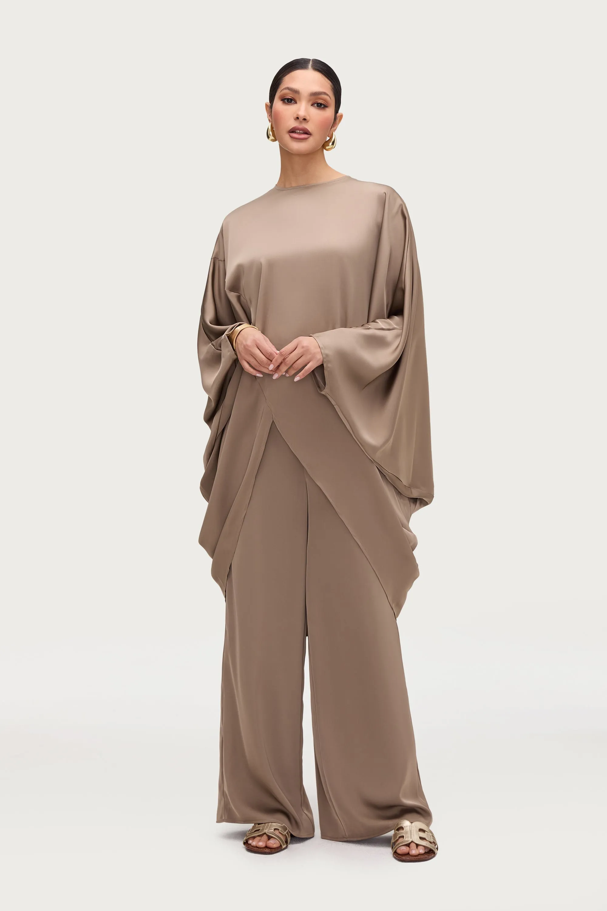 Ayat Asymmetric Satin Top - Truffle