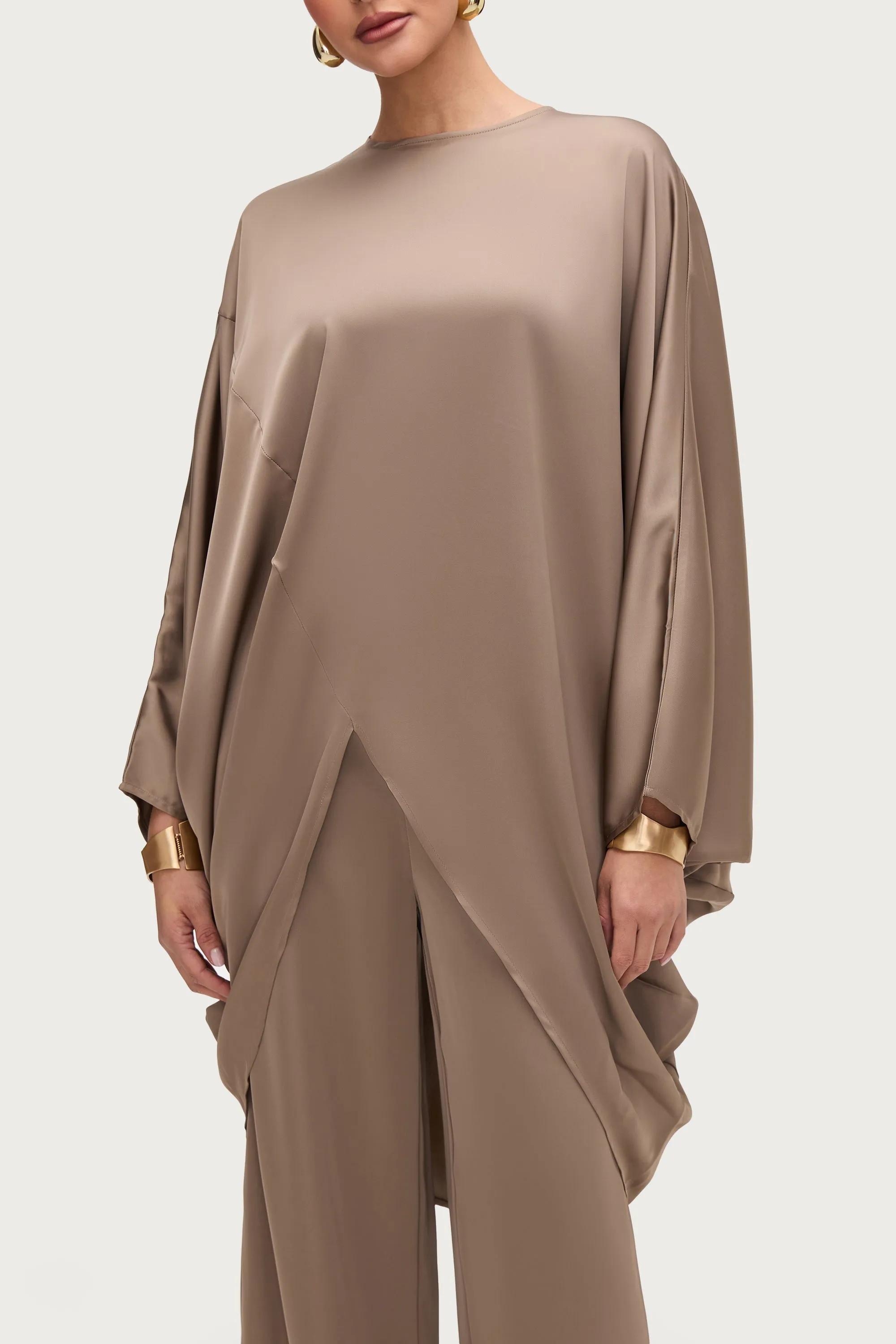 Ayat Asymmetric Satin Top - Truffle