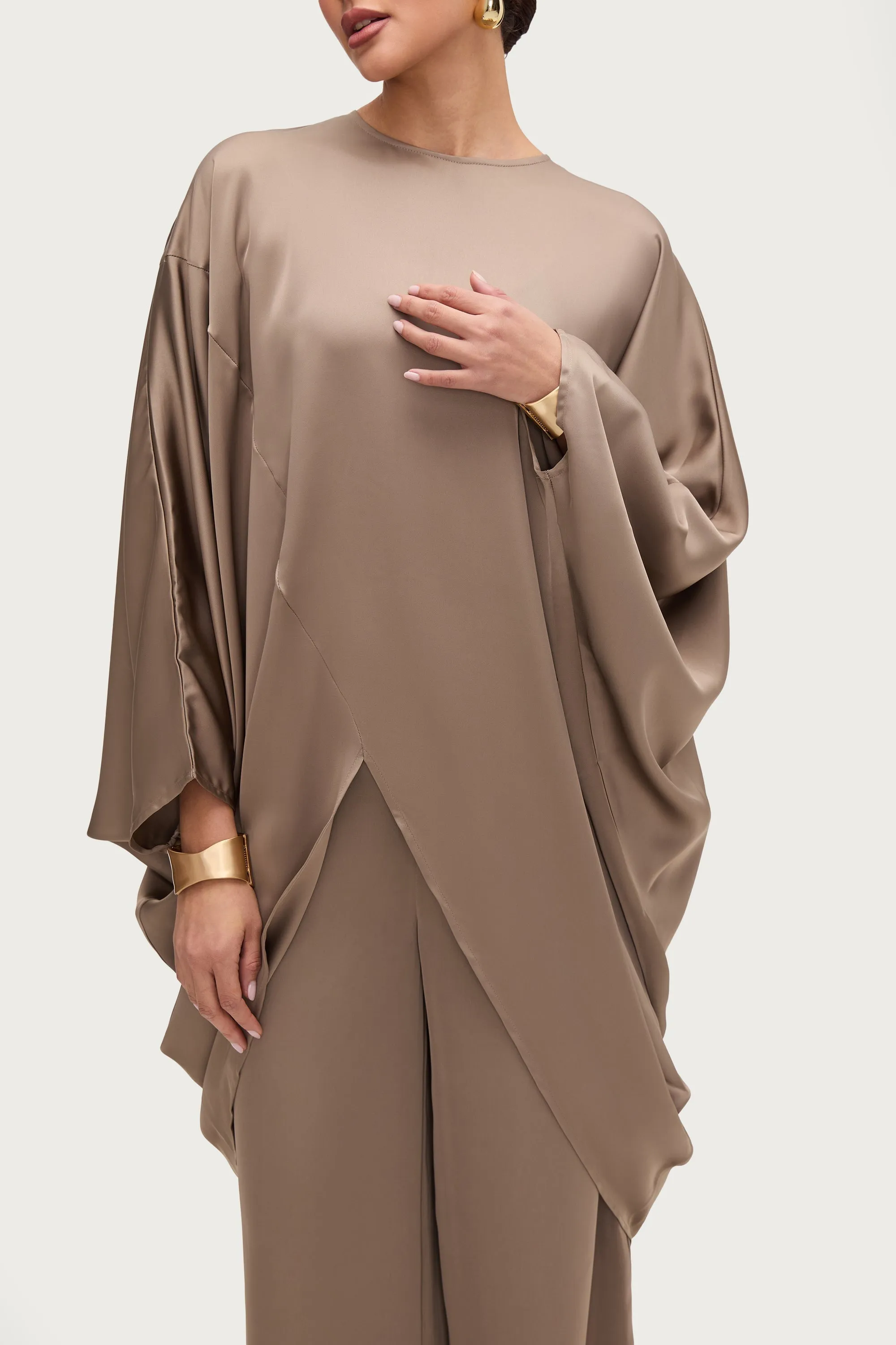 Ayat Asymmetric Satin Top - Truffle