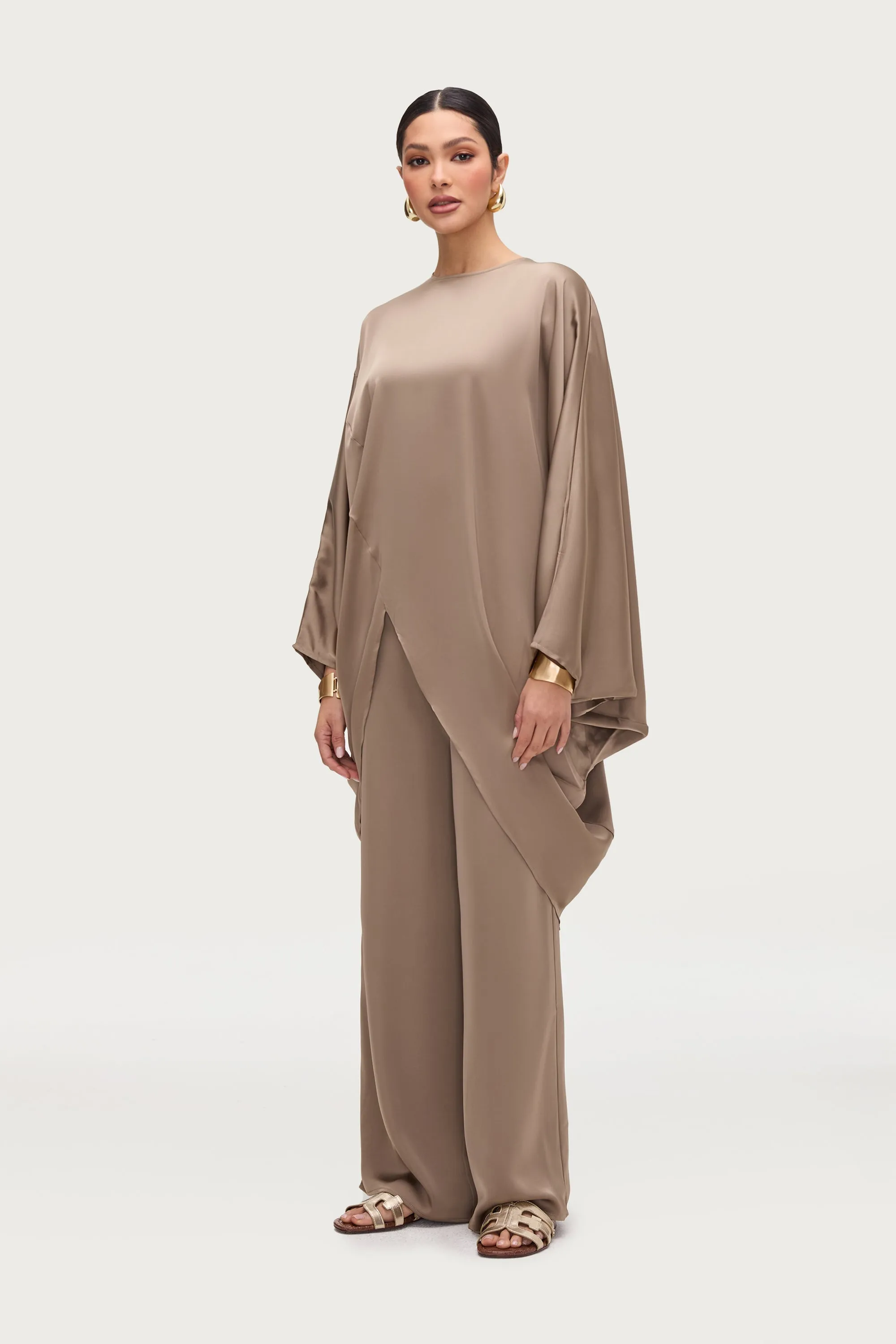Ayat Asymmetric Satin Top - Truffle