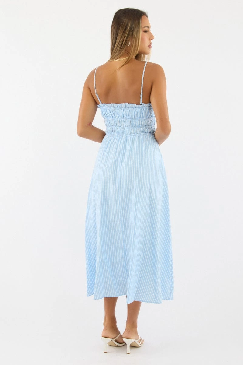 Blue Stripe Midi Dress Ribbon Detail Strappy