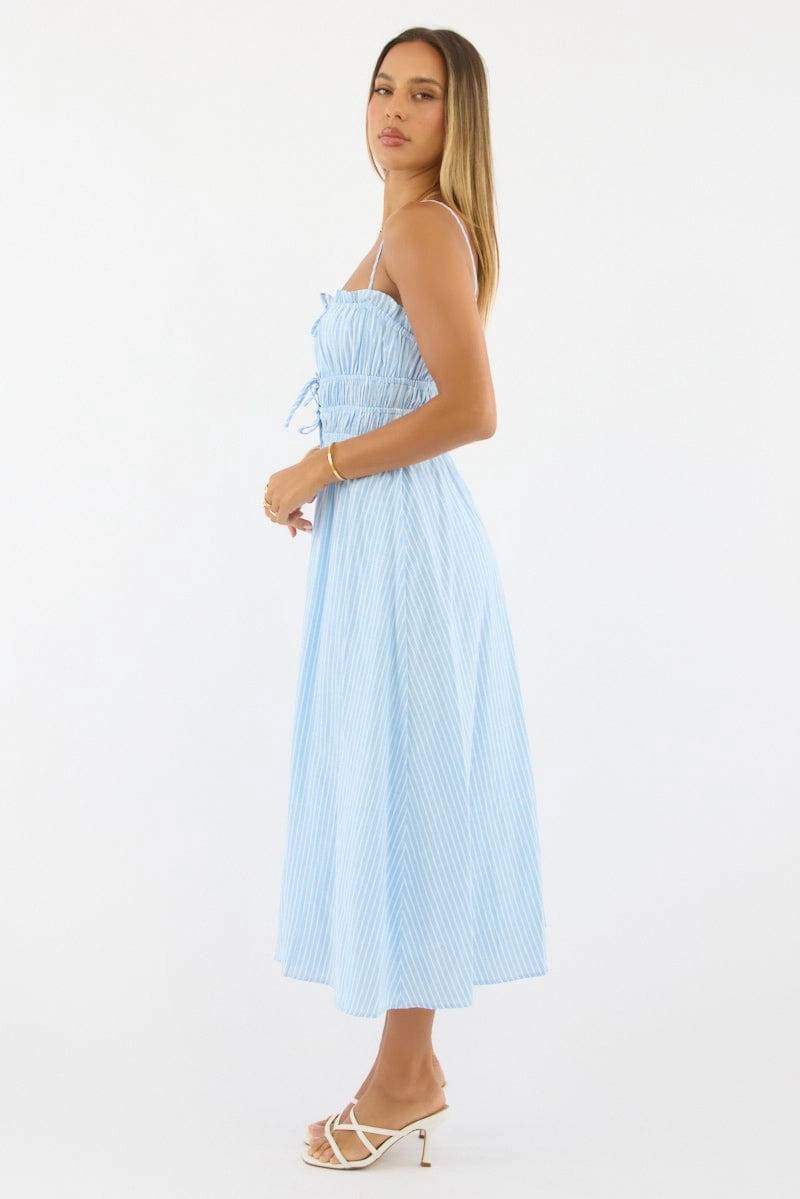Blue Stripe Midi Dress Ribbon Detail Strappy