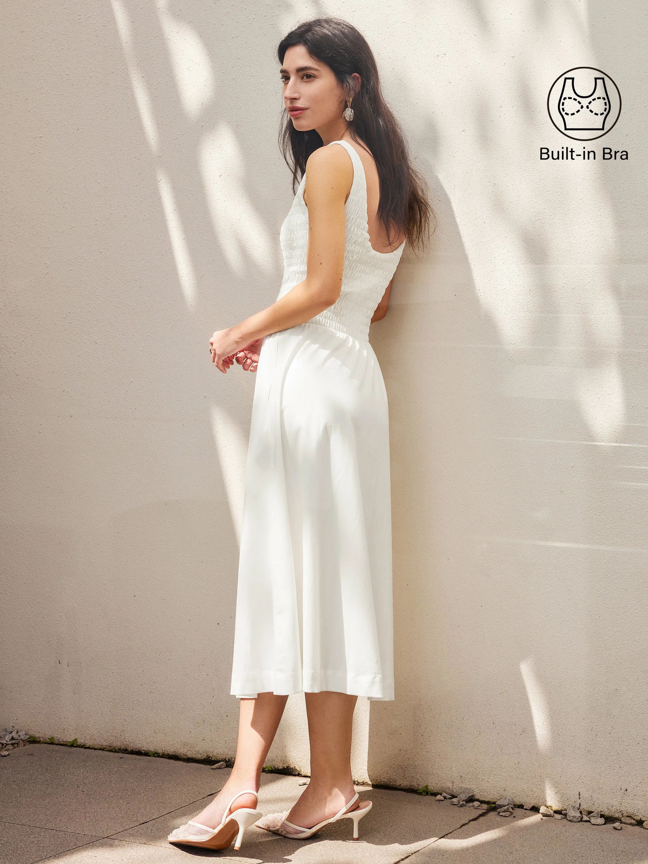 Boatneck Smocked Open Back Flared Midi Brami Dress