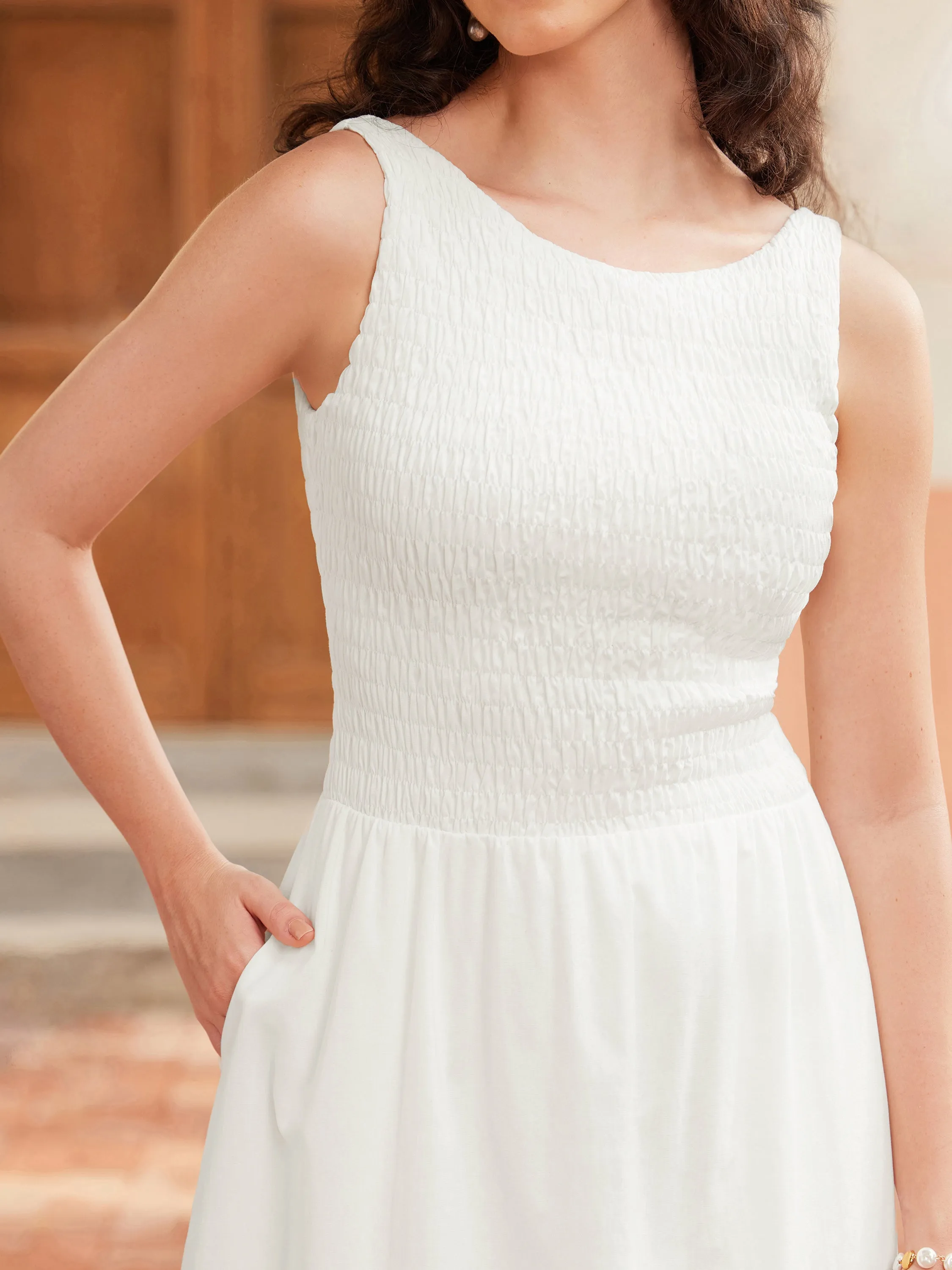 Boatneck Smocked Open Back Flared Midi Brami Dress