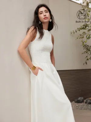 Boatneck Smocked Open Back Flared Midi Brami Dress