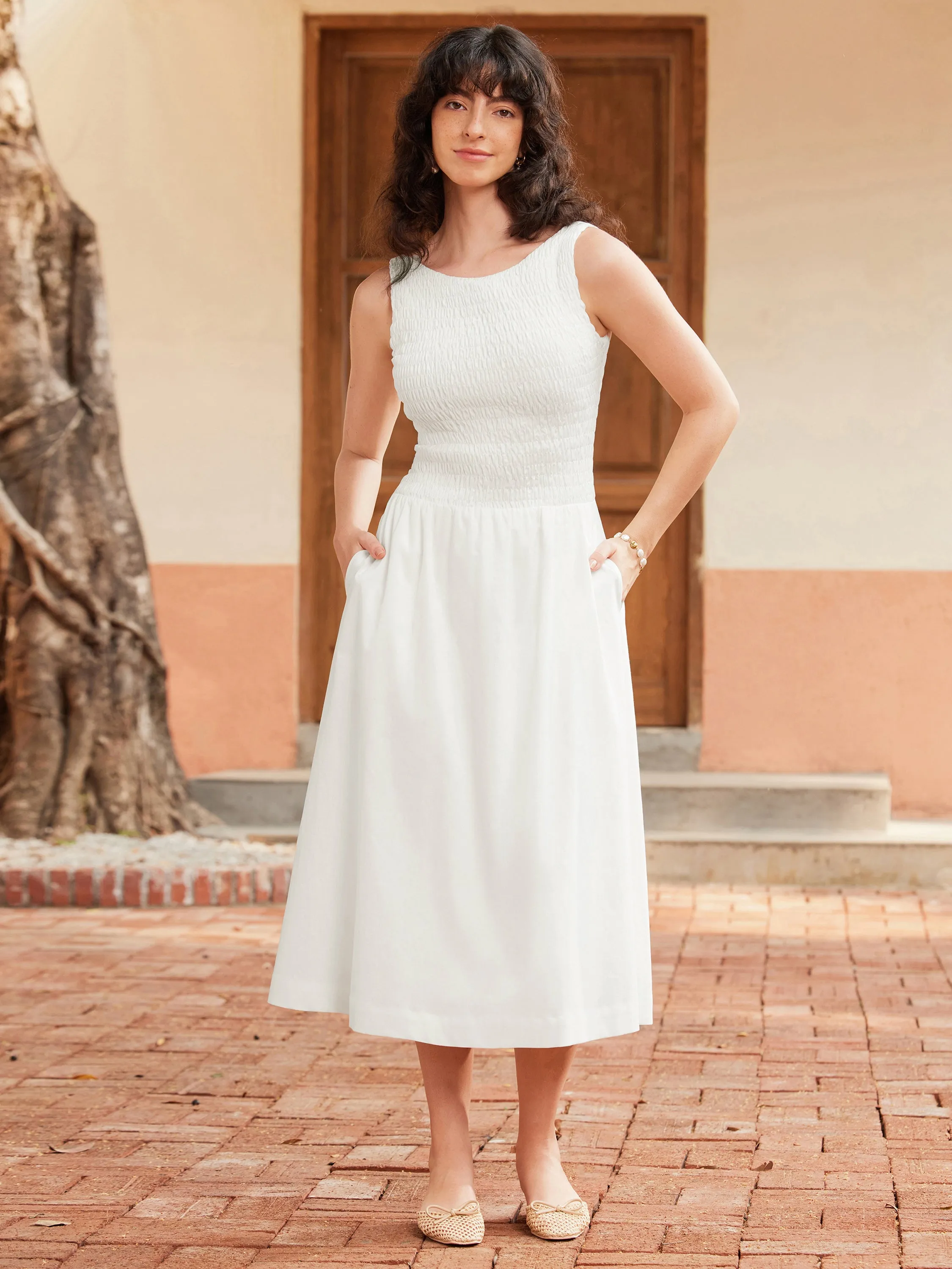 Boatneck Smocked Open Back Flared Midi Brami Dress