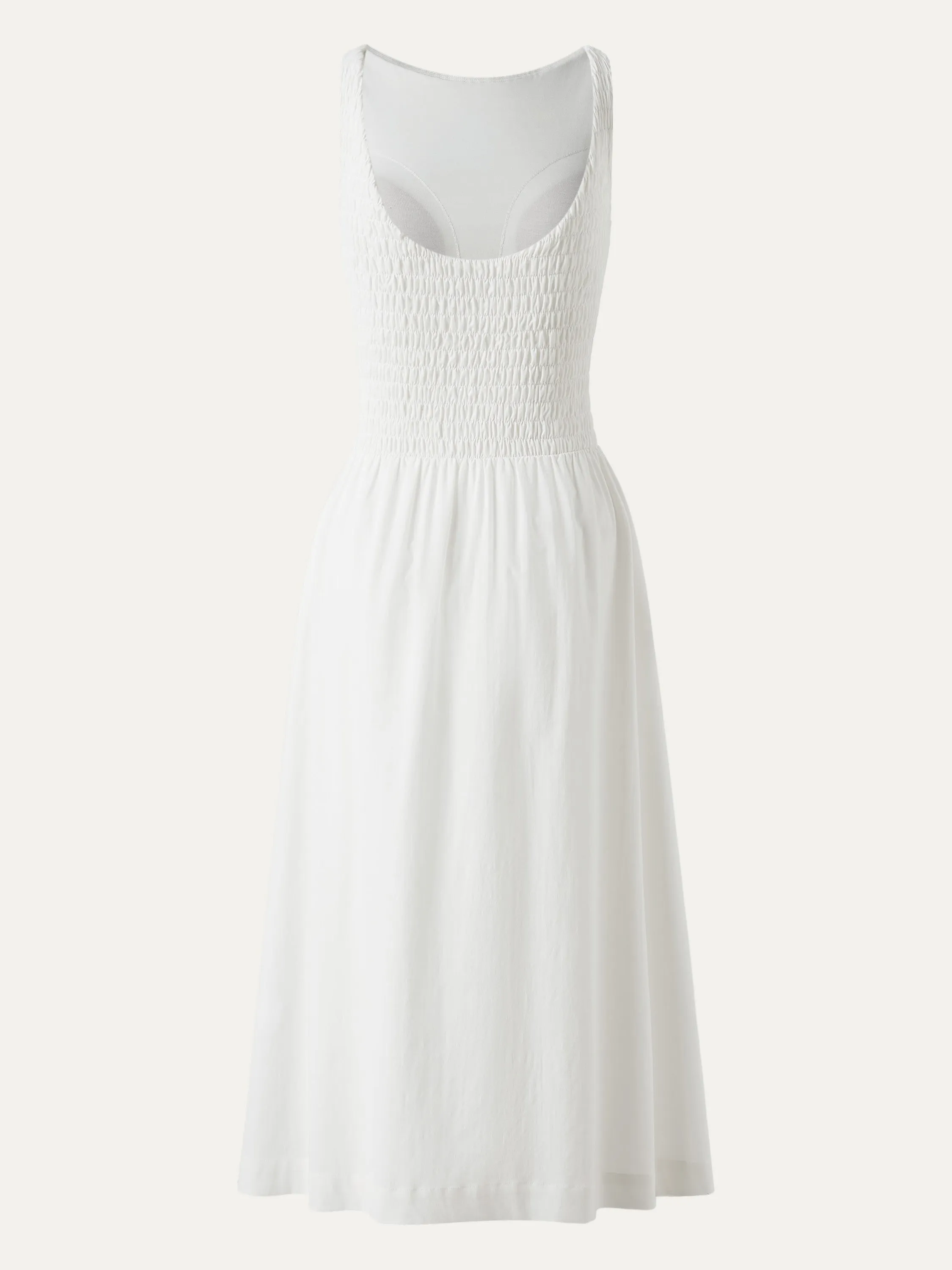 Boatneck Smocked Open Back Flared Midi Brami Dress