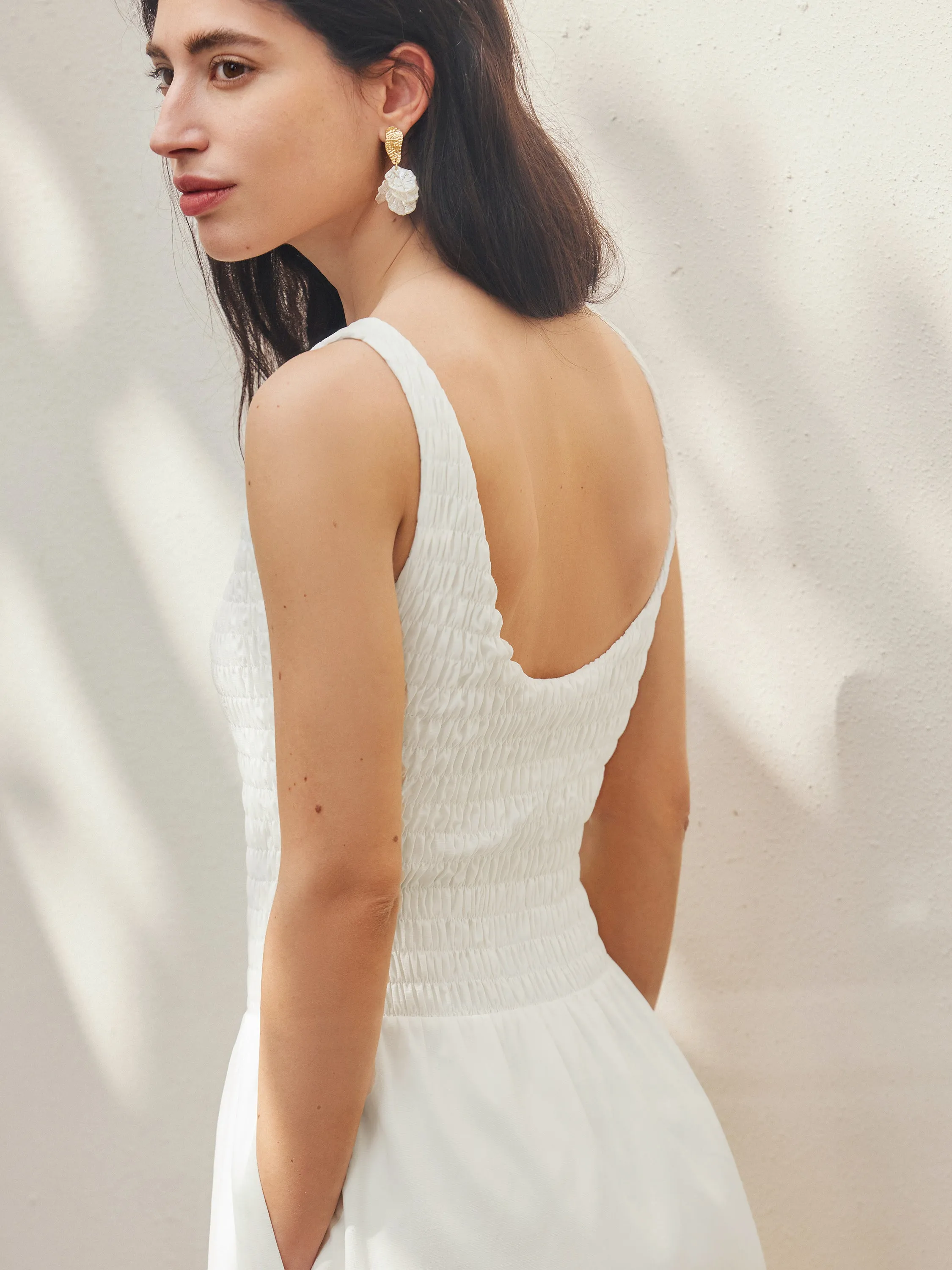 Boatneck Smocked Open Back Flared Midi Brami Dress