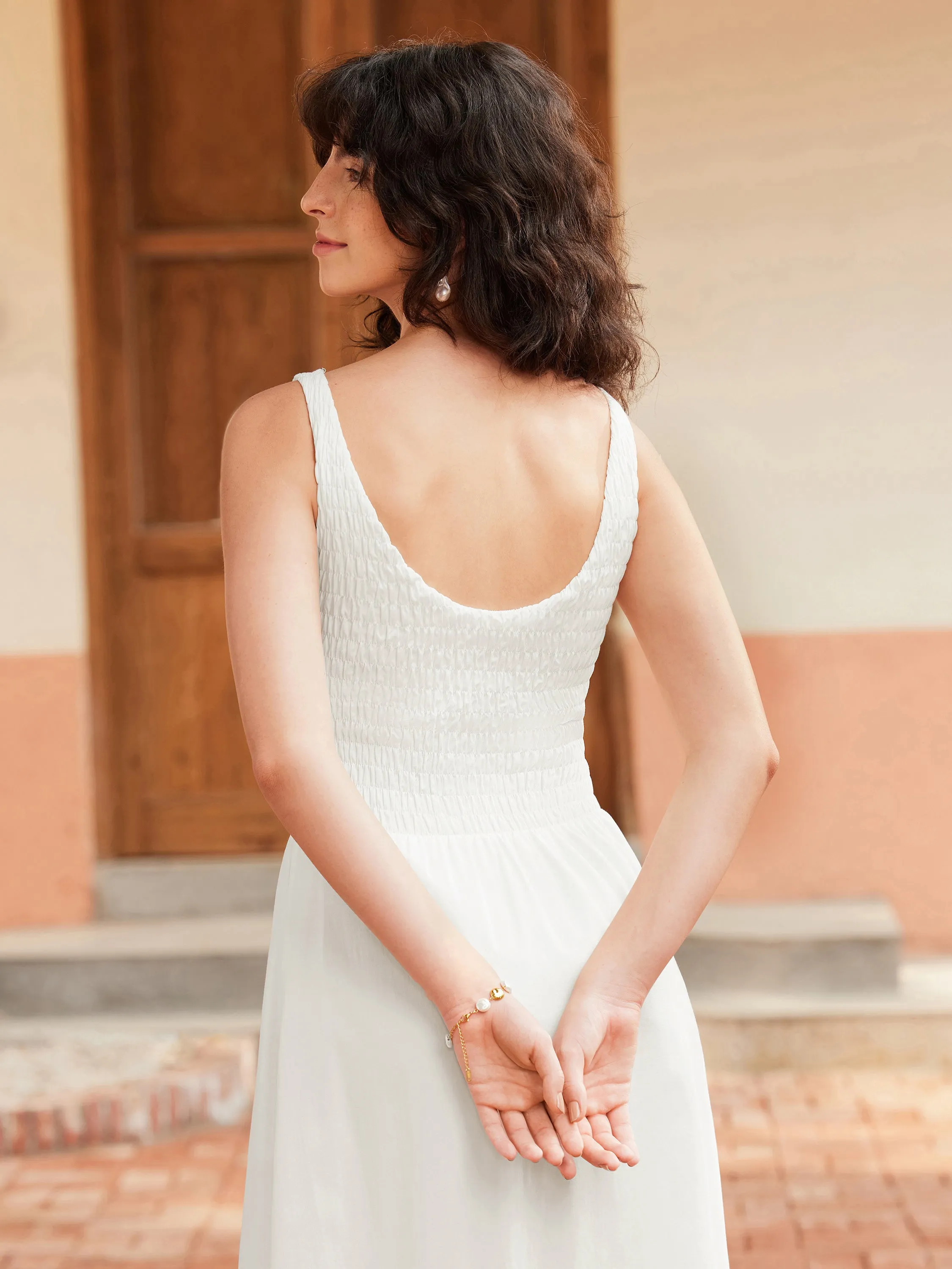 Boatneck Smocked Open Back Flared Midi Brami Dress