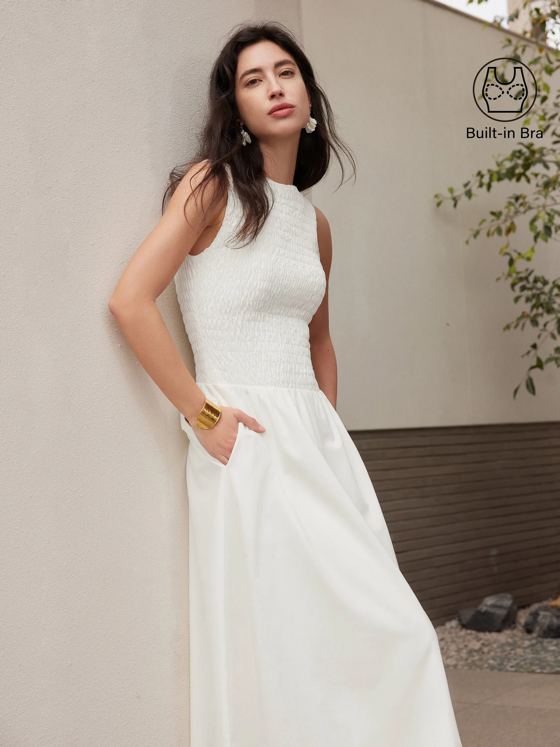 Boatneck Smocked Open Back Flared Midi Brami Dress