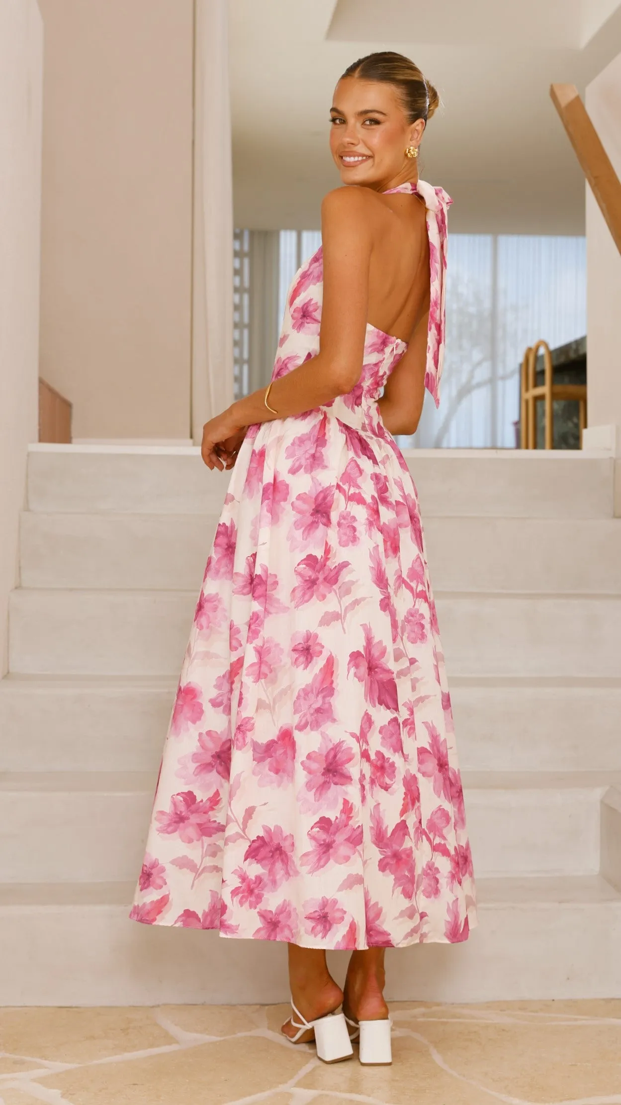 Bryony Halter Neck Maxi Dress - Pink Floral