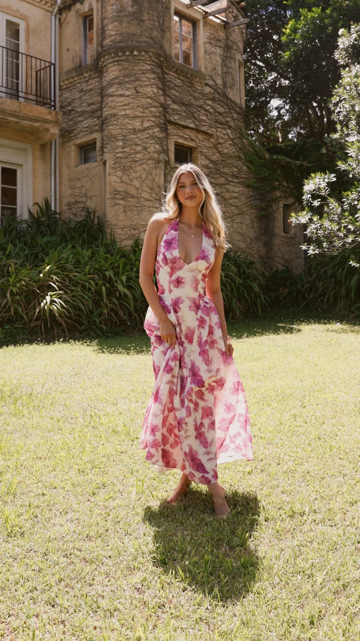 Bryony Halter Neck Maxi Dress - Pink Floral