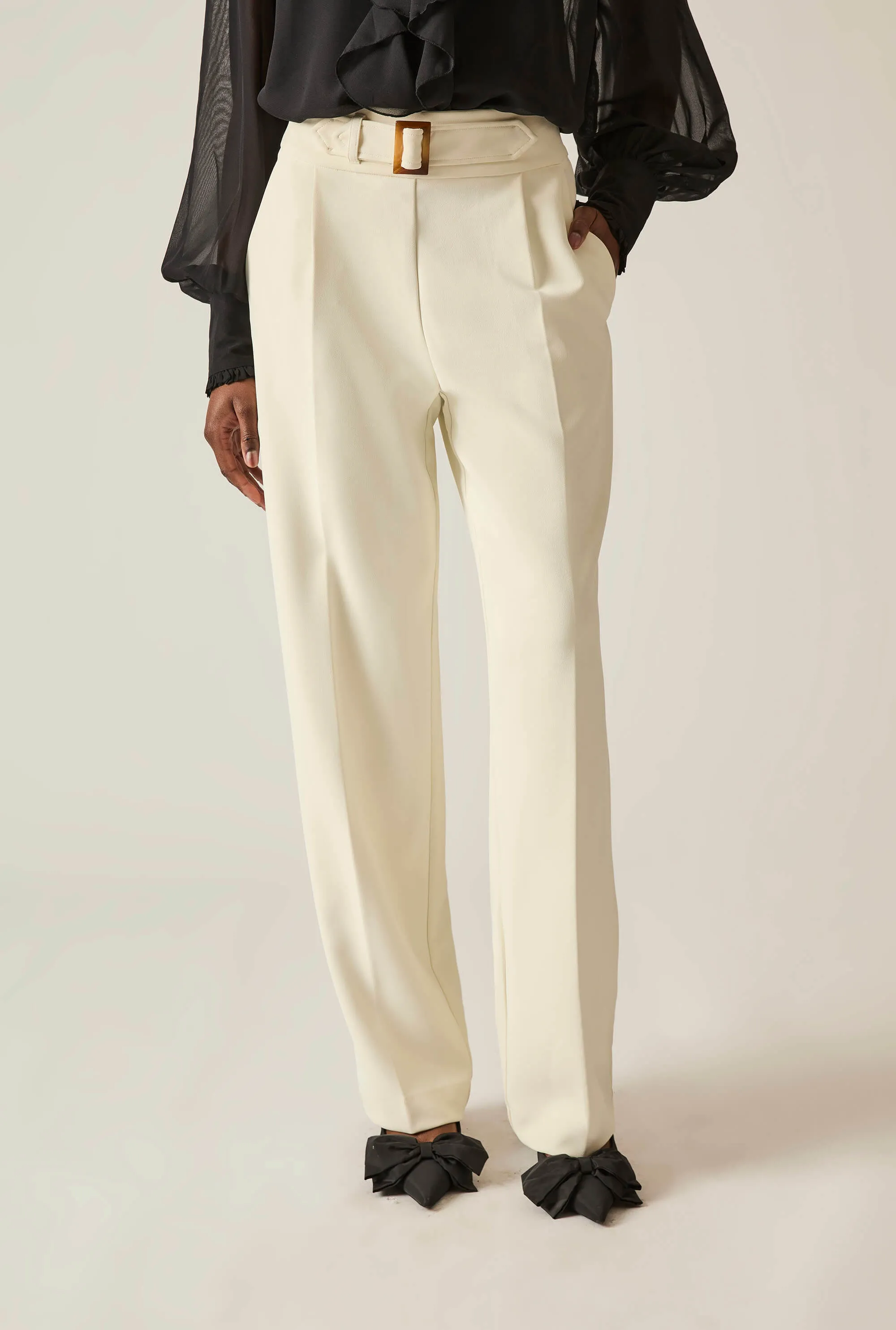 Buckle Waist Cream Trousers