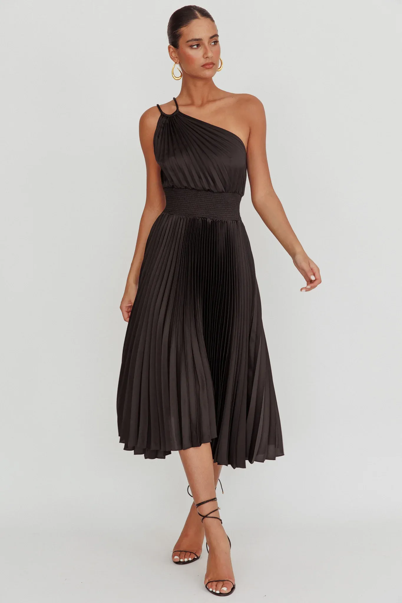 Calissa One Shoulder Pleated Midi Dress Black