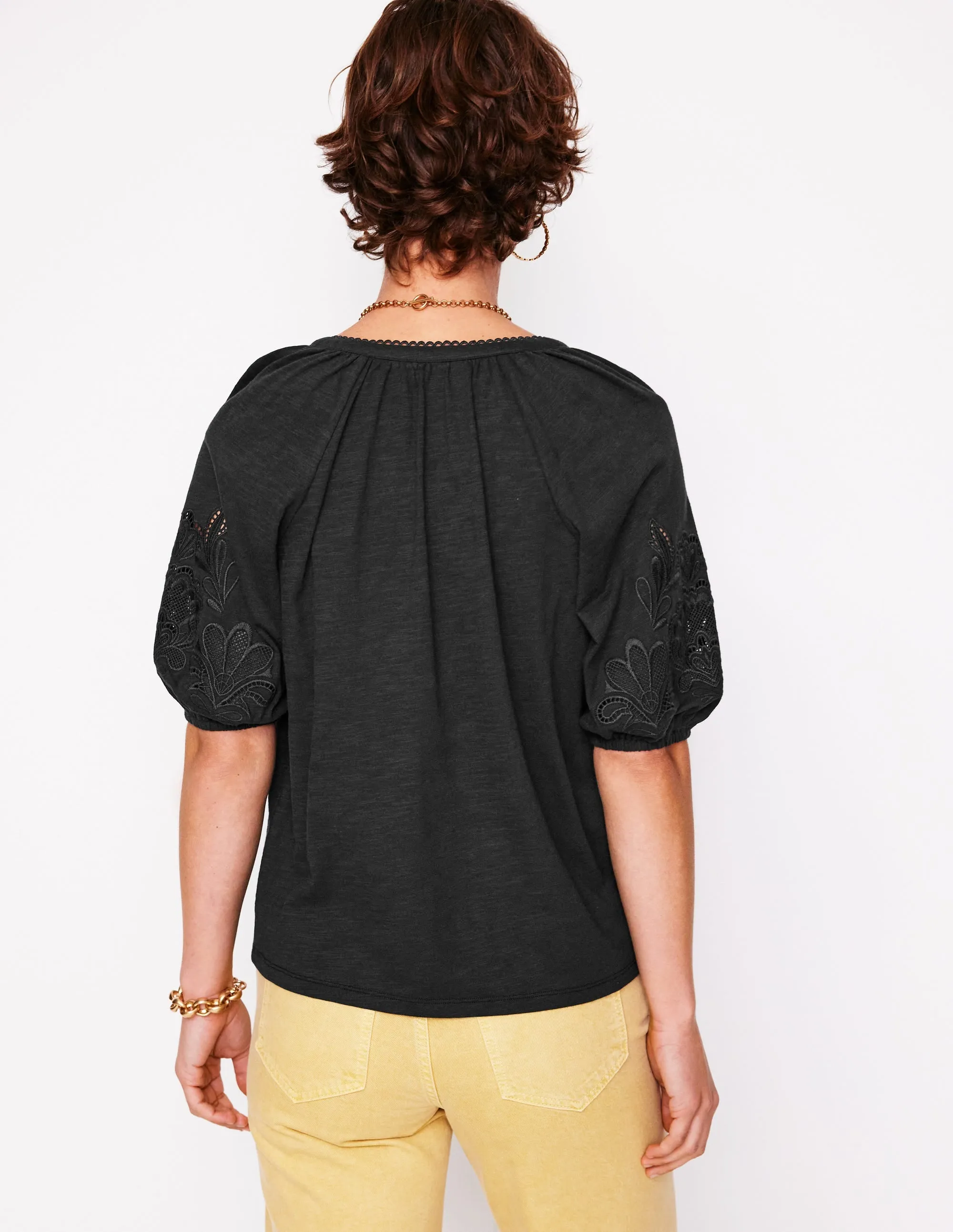 Cutwork Notch Neck Top-Black