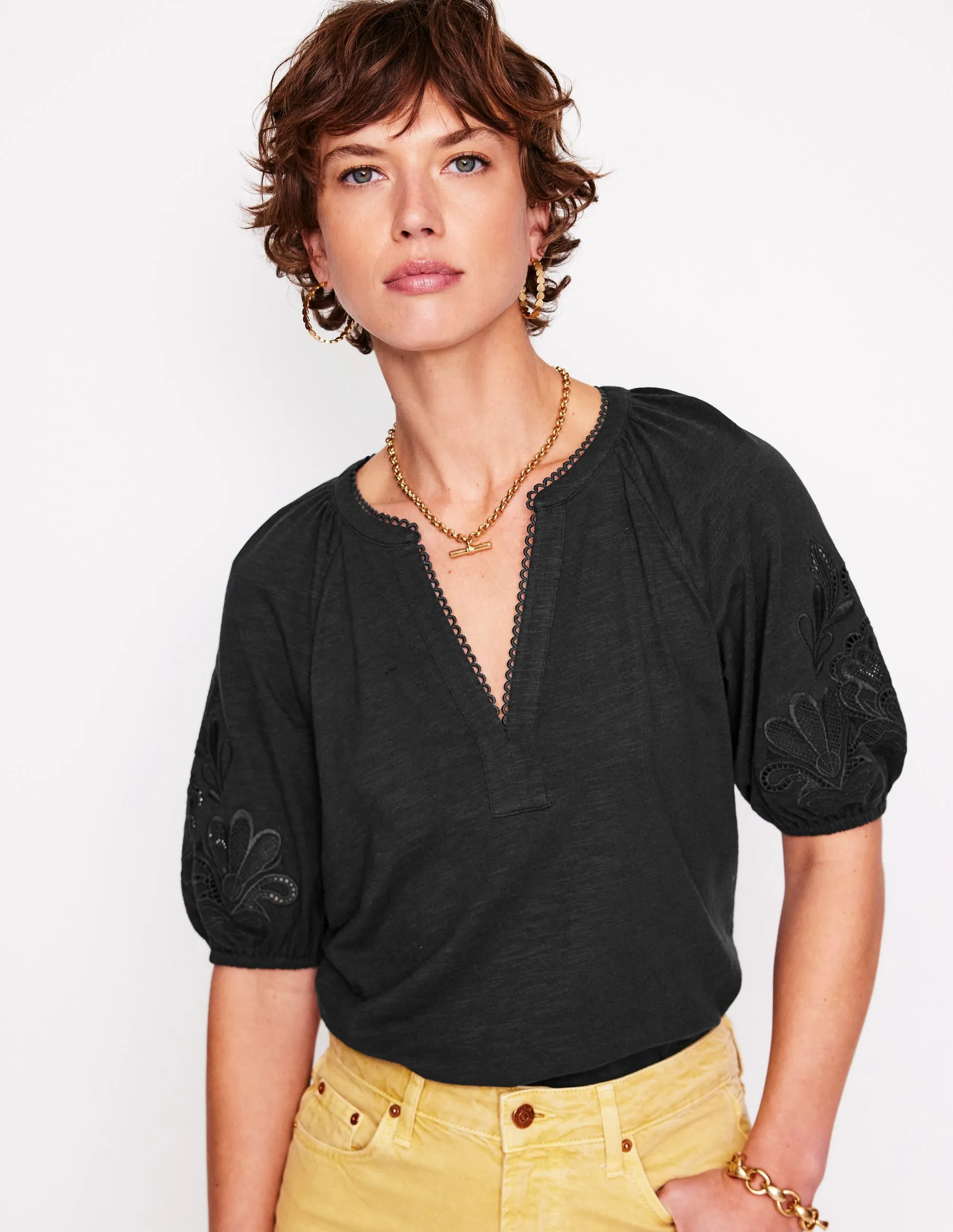 Cutwork Notch Neck Top-Black