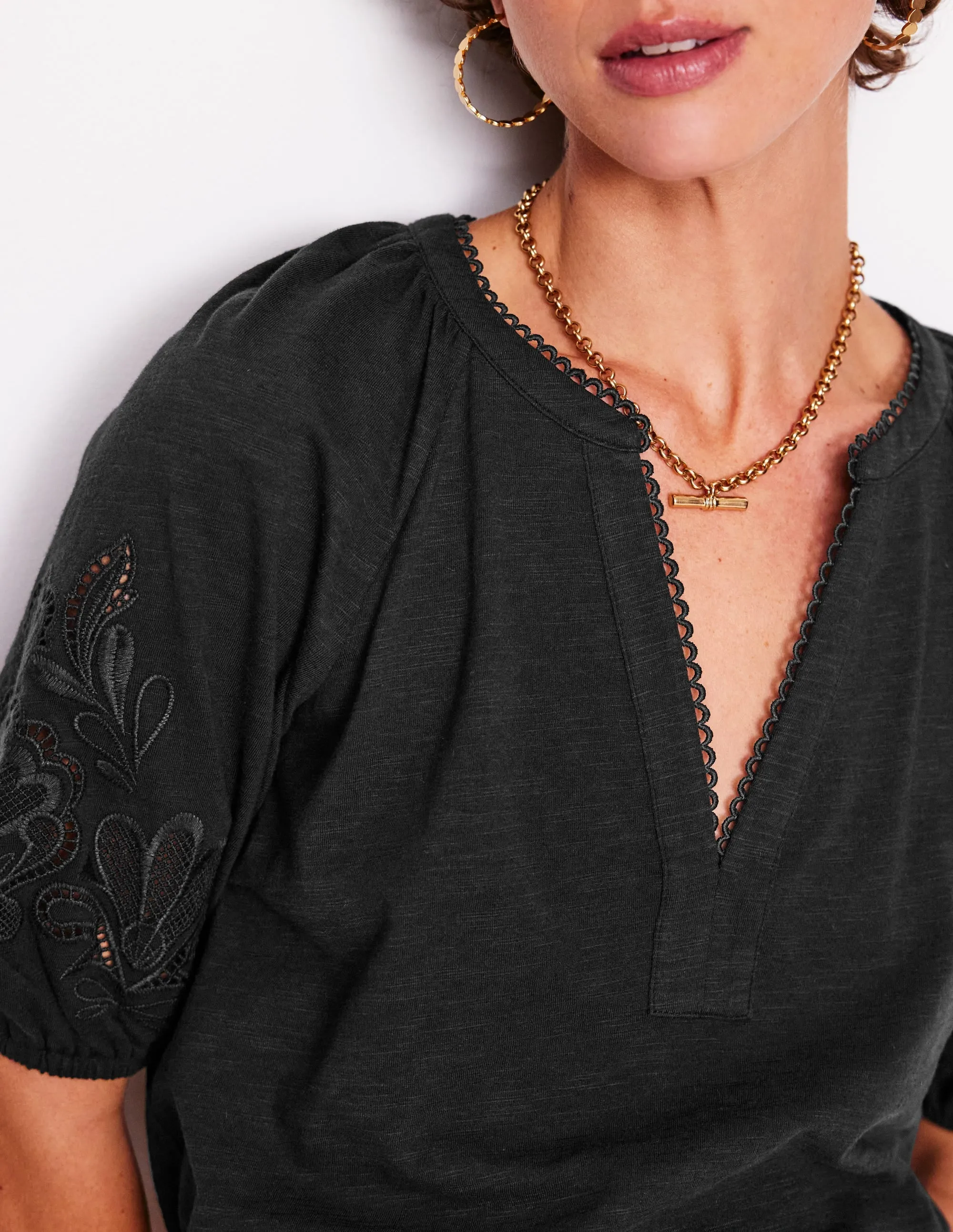 Cutwork Notch Neck Top-Black