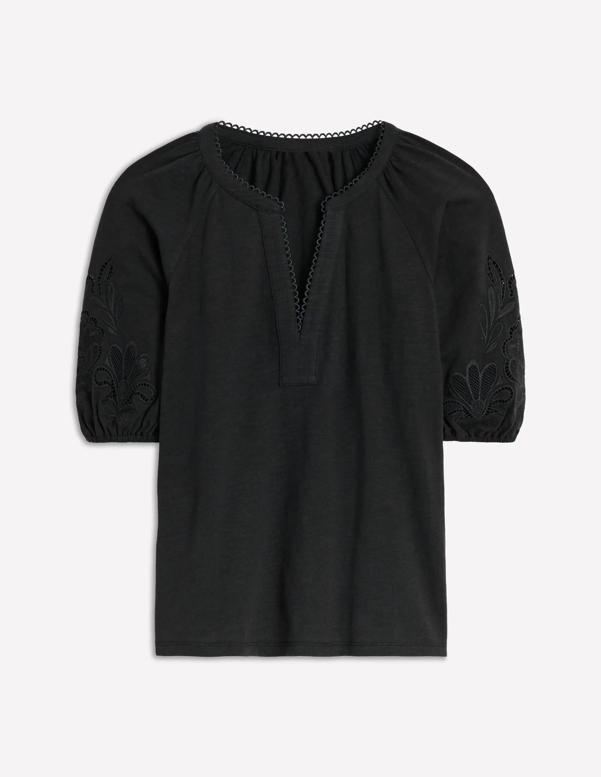 Cutwork Notch Neck Top-Black