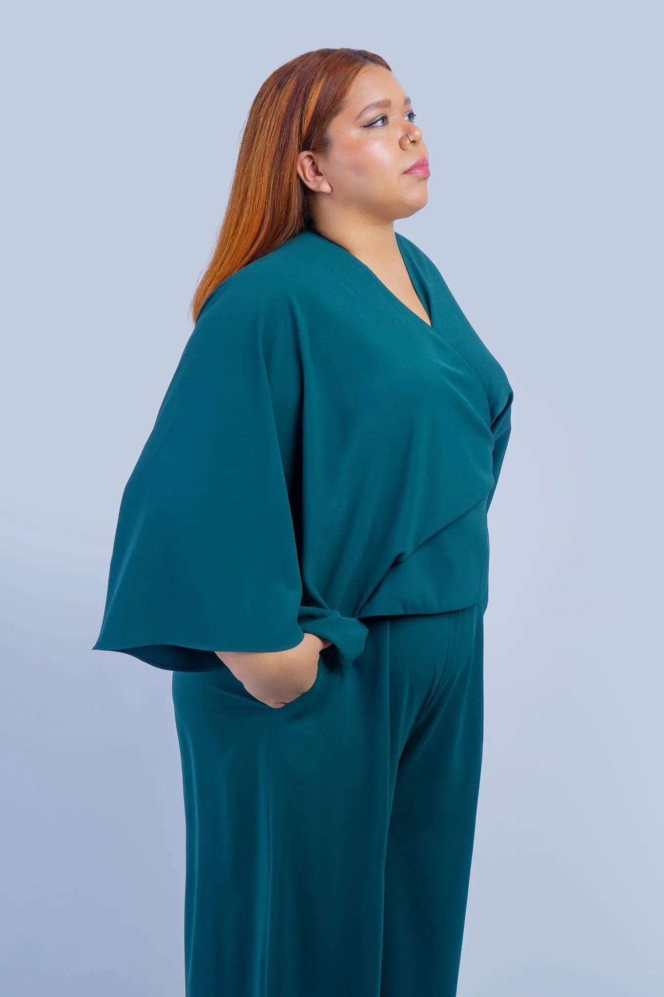 Dark Green Kimono Wrap Peplum Shirt