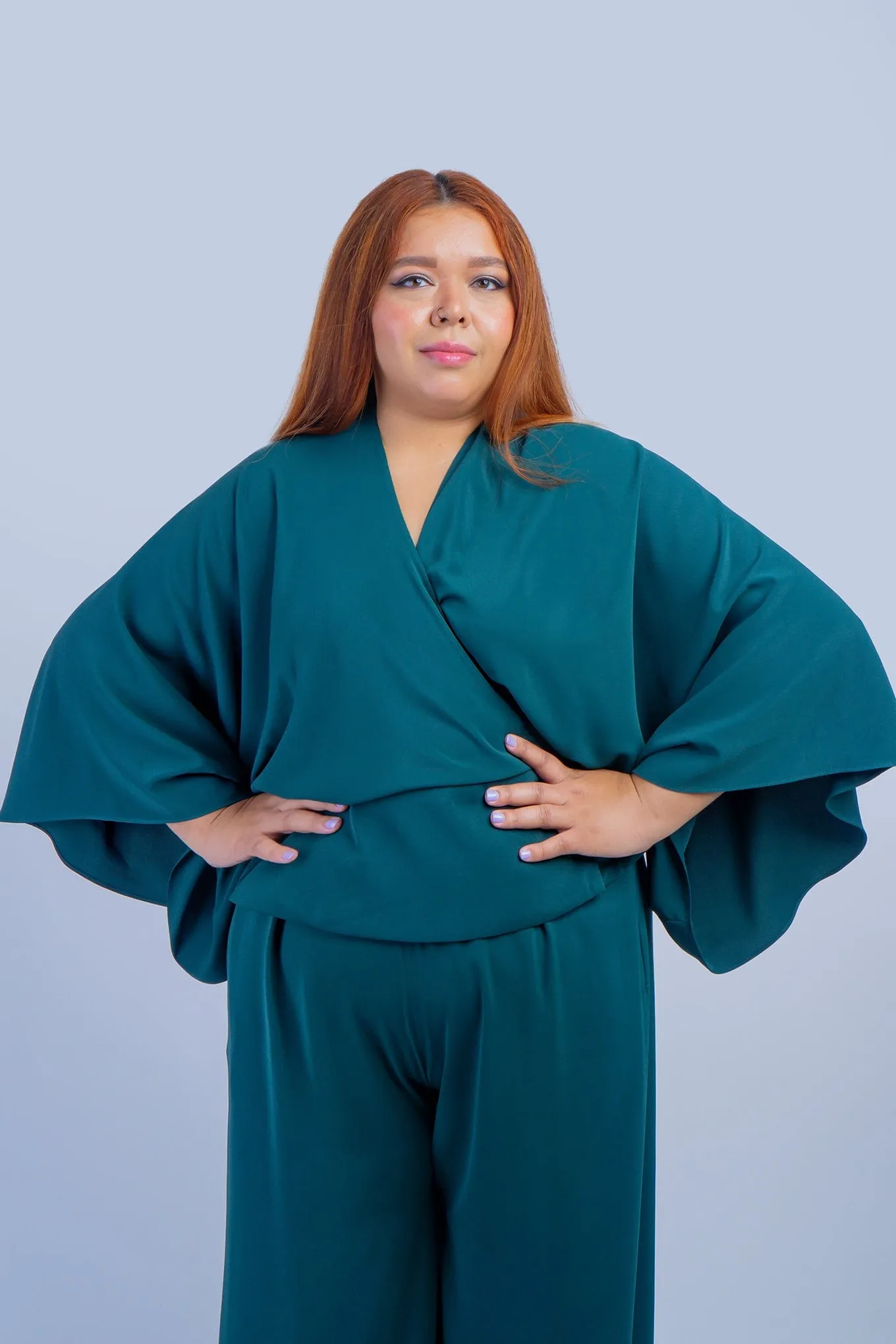 Dark Green Kimono Wrap Peplum Shirt