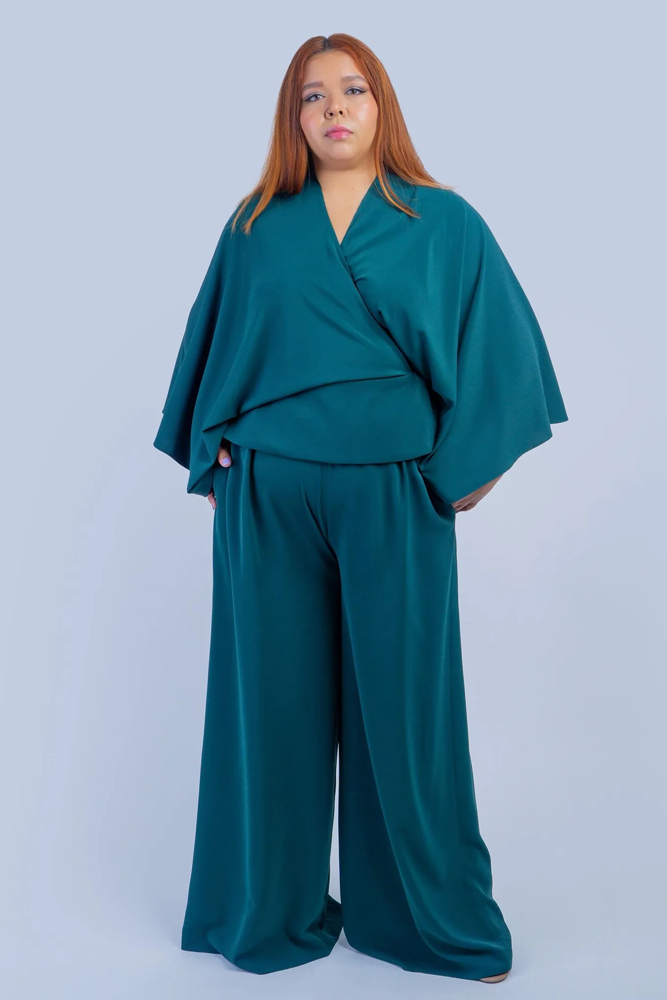 Dark Green Kimono Wrap Peplum Shirt