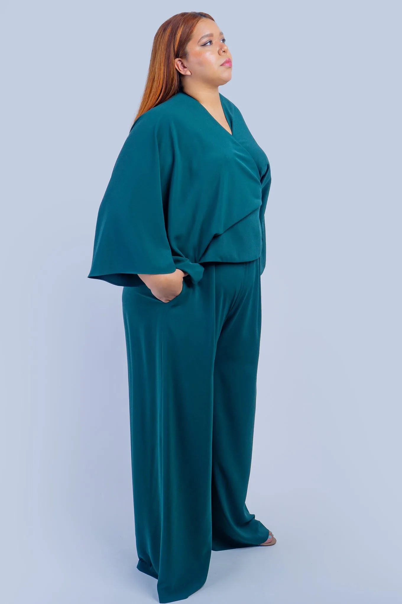 Dark Green Kimono Wrap Peplum Shirt