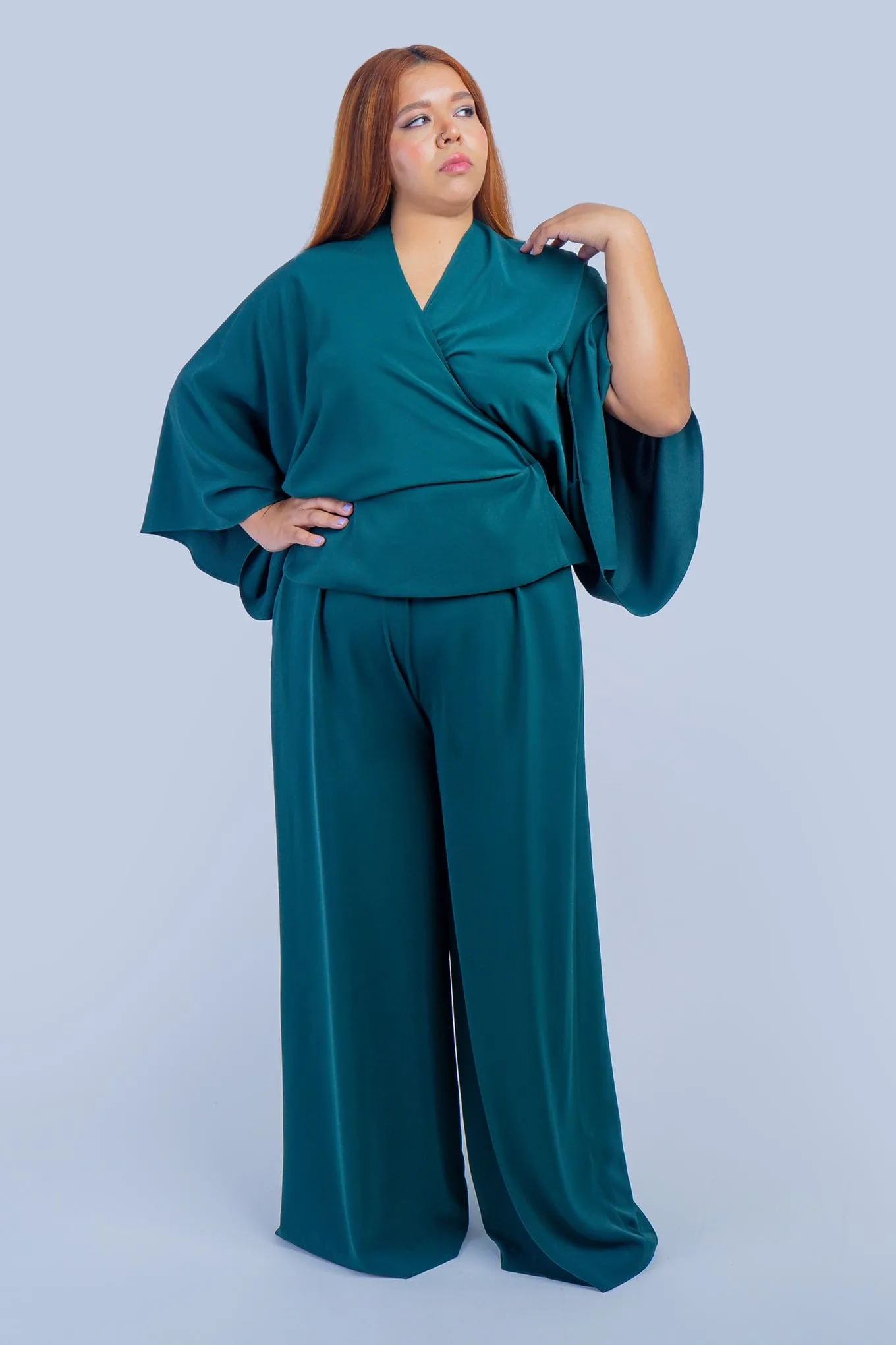 Dark Green Kimono Wrap Peplum Shirt