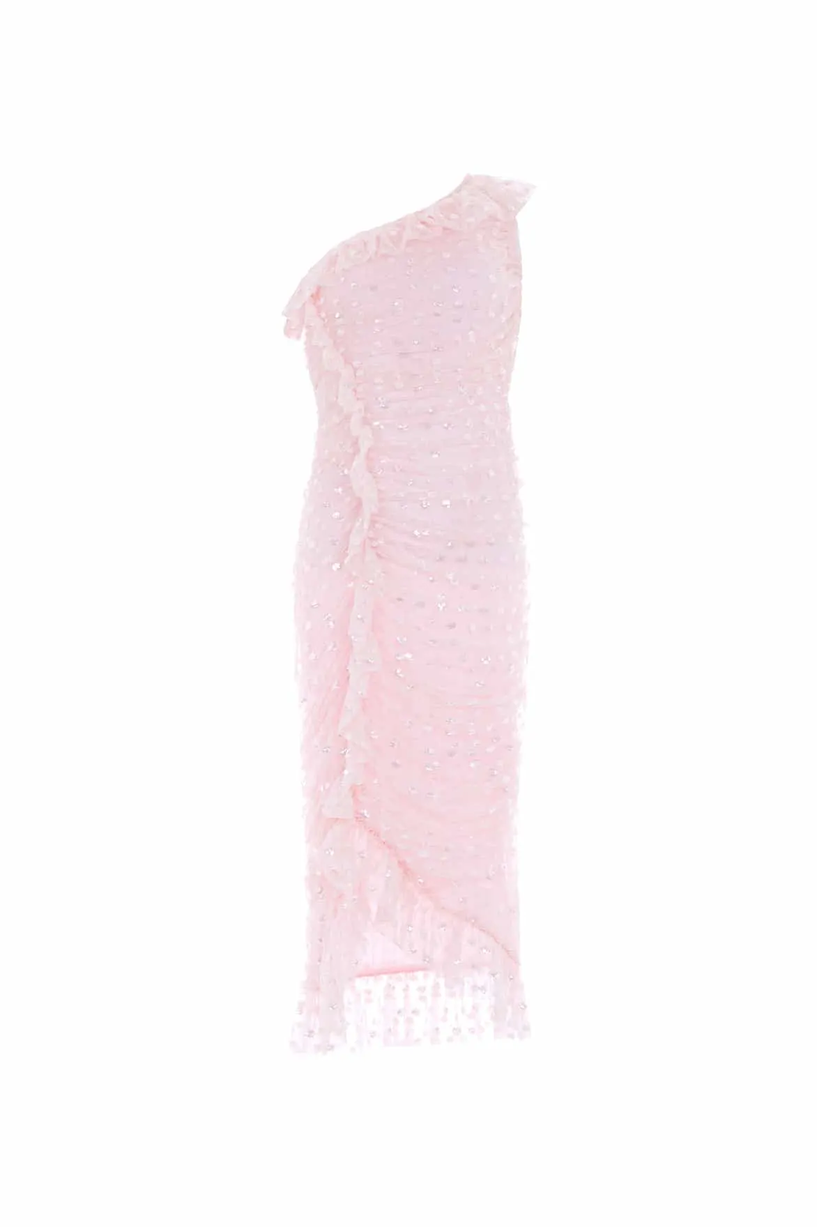 Dotty Rouched Gloss One-Shoulder Ballerina Dress