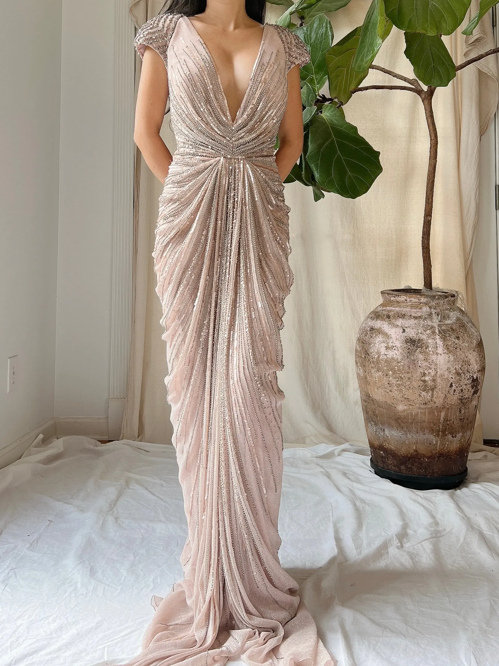 Duster Rose Alberto Makali Beaded Draped Dress - M/8-10