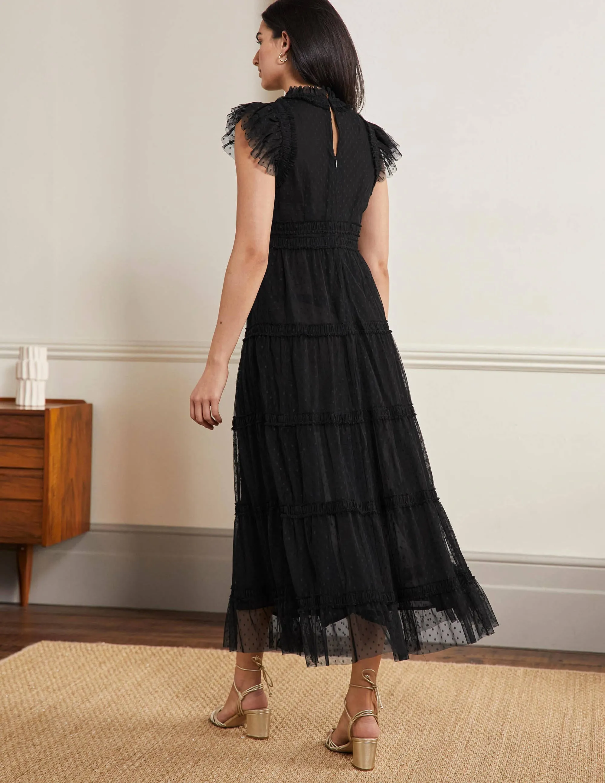 Edie Tiered Tulle Midi Dress-Black