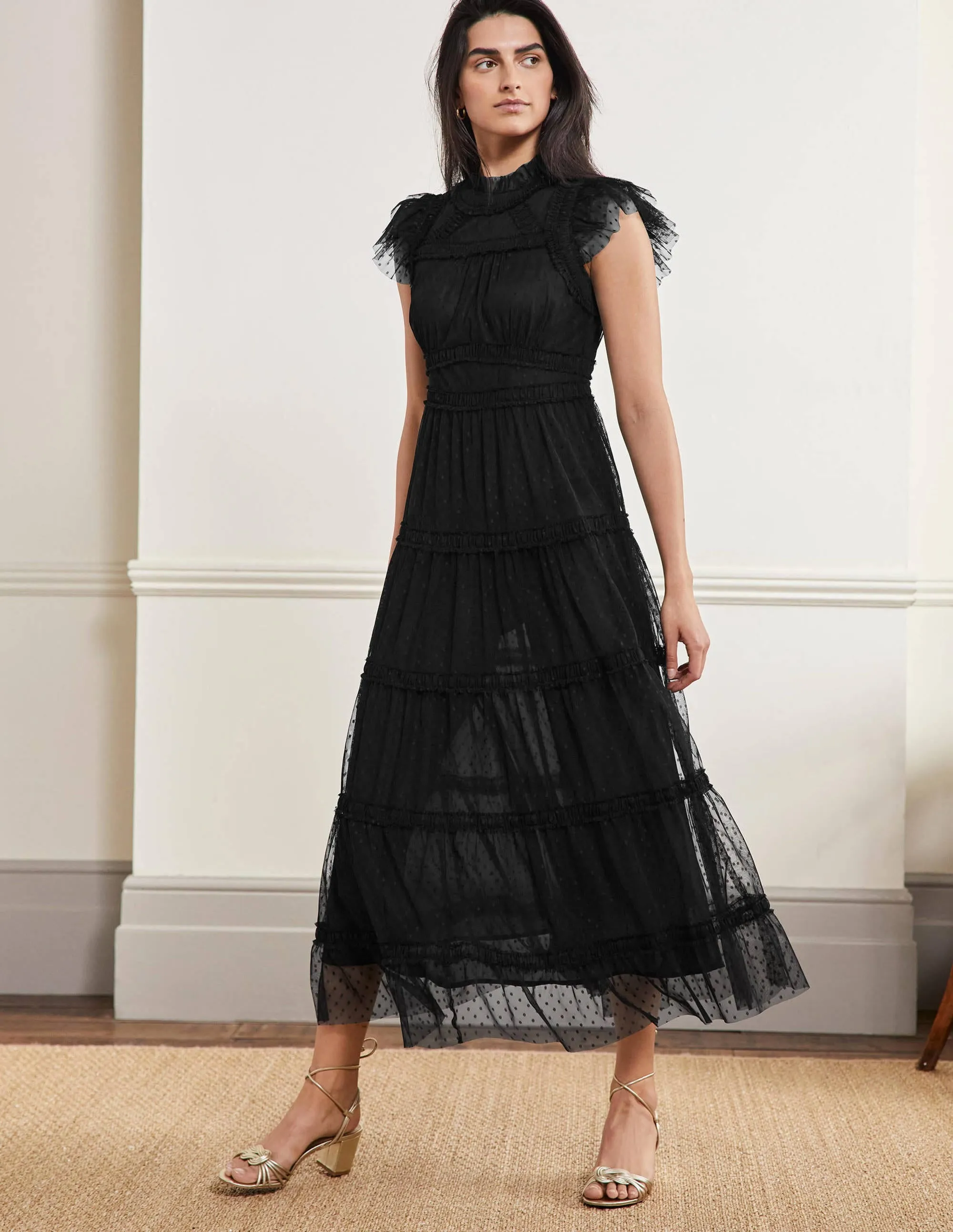 Edie Tiered Tulle Midi Dress-Black