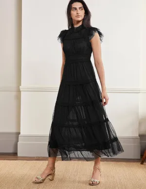 Edie Tiered Tulle Midi Dress-Black