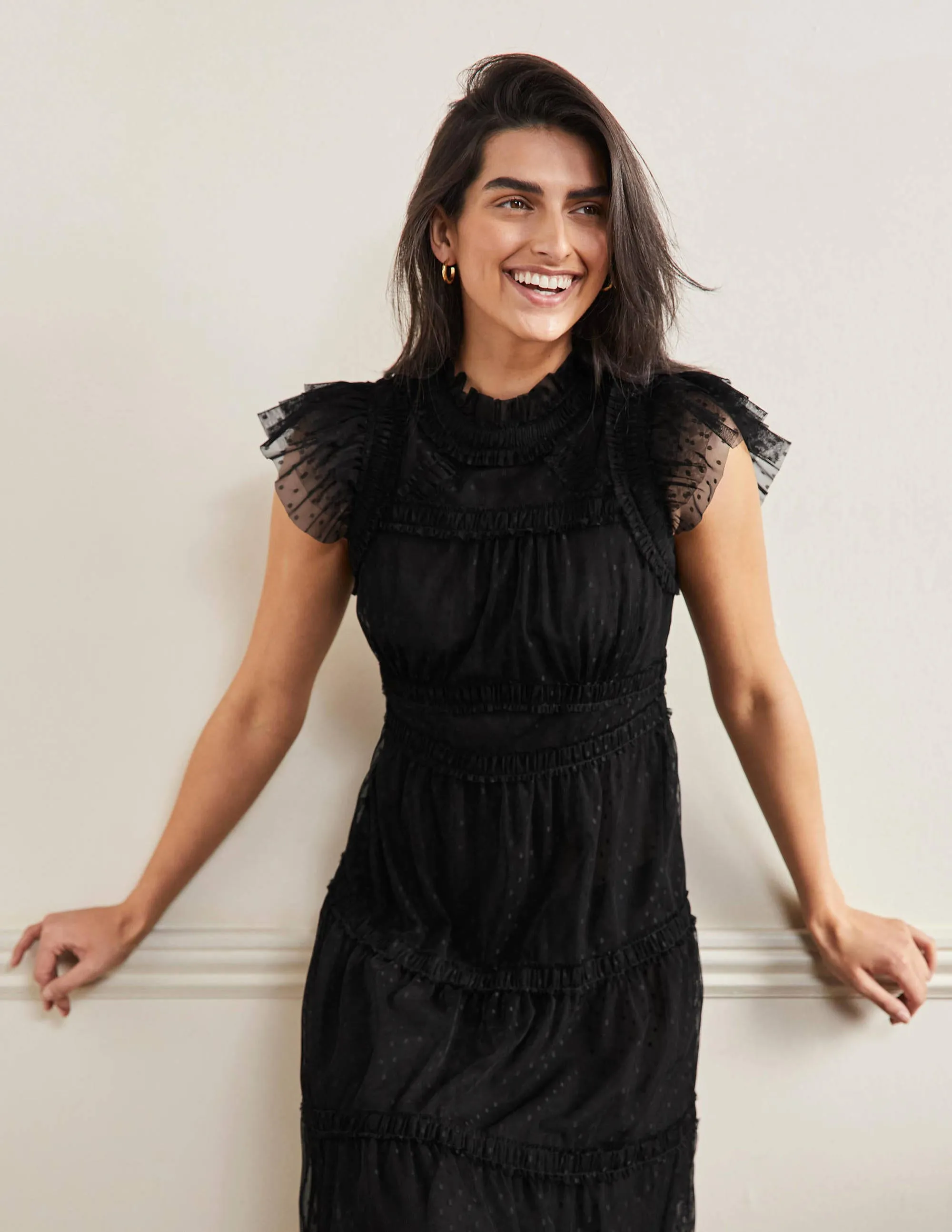 Edie Tiered Tulle Midi Dress-Black