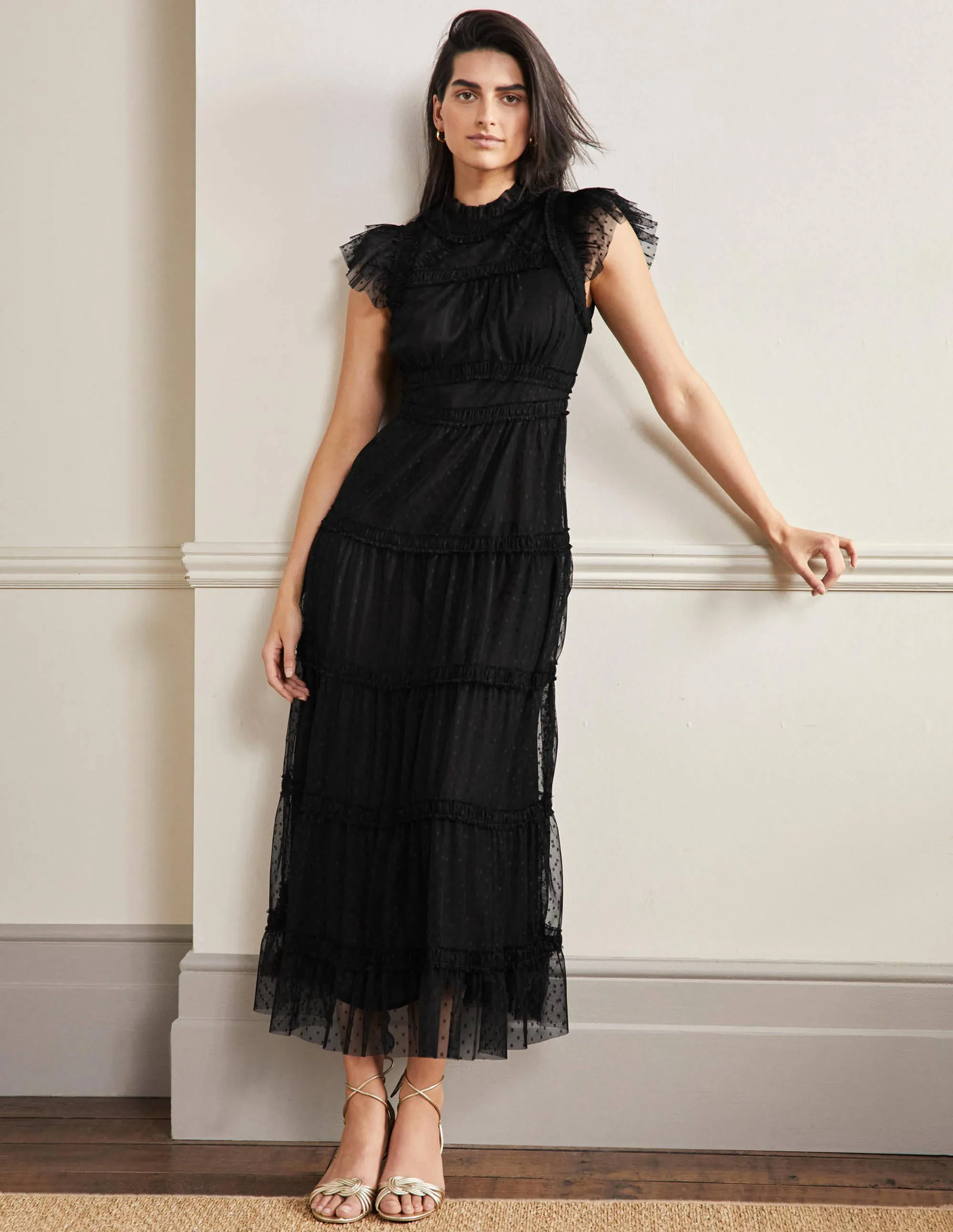 Edie Tiered Tulle Midi Dress-Black