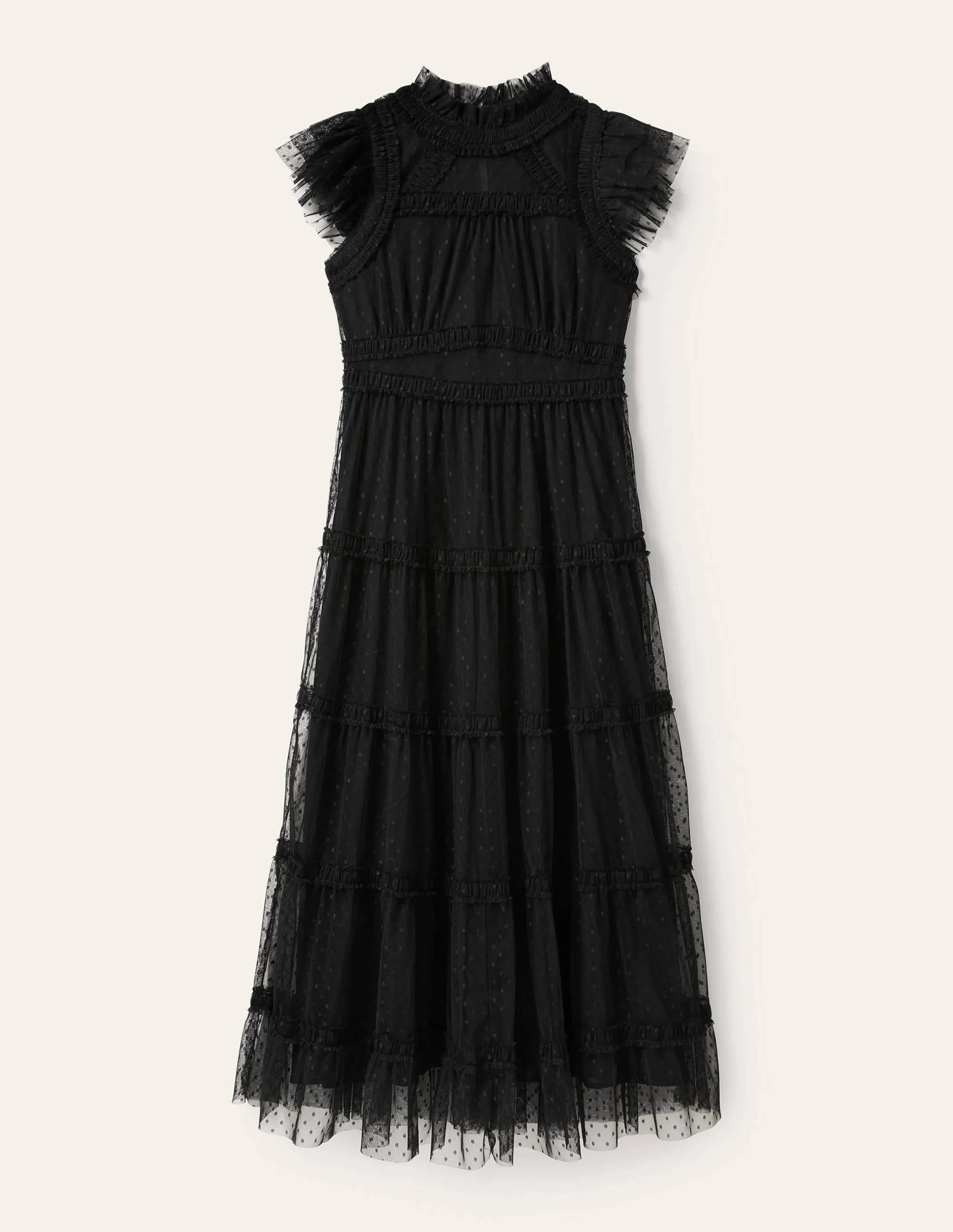Edie Tiered Tulle Midi Dress-Black